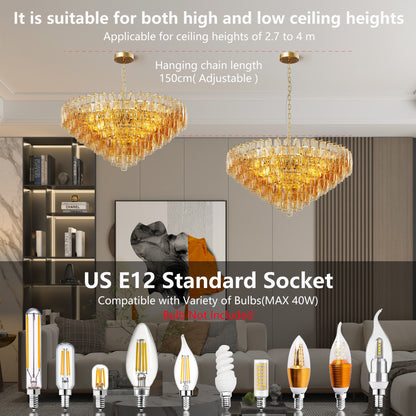 YANSUN 37in. Gold 14-Light Tiered Smoke Blown Glass Chandelier Modern Brass Light for Living Room Dining Room Bedroom Foyer Entryway