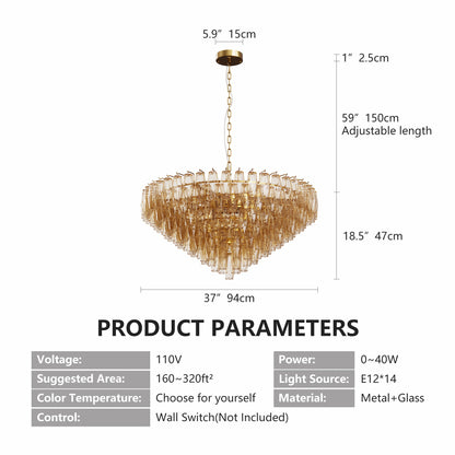 YANSUN 37in. Gold 14-Light Tiered Smoke Blown Glass Chandelier Modern Brass Light for Living Room Dining Room Bedroom Foyer Entryway