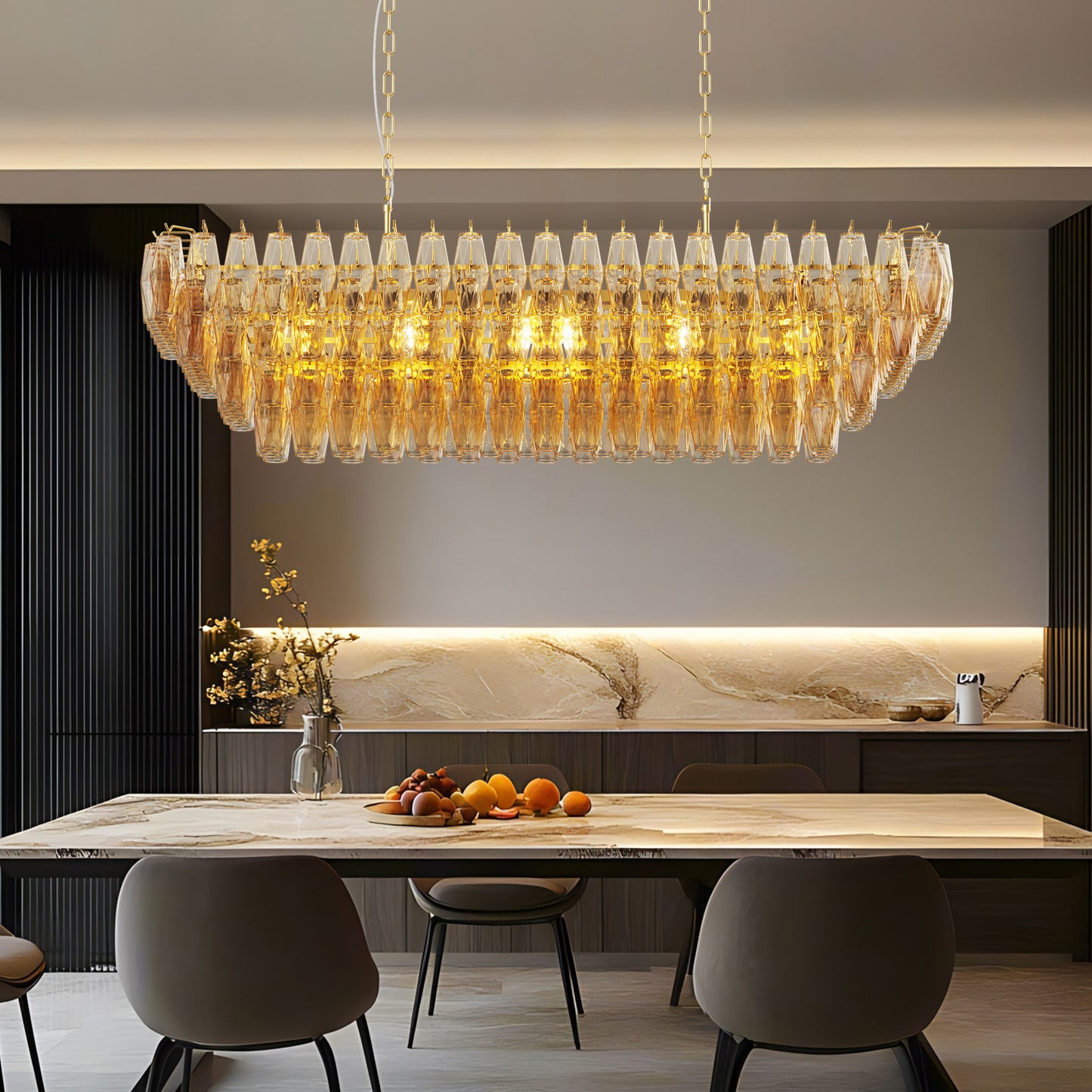 YANSUN 54in. Rectangle Gold Modern Chandelier 12-Light Smoke Glass Pendant for Dining Room Kitchen Island Living Room Bedroom