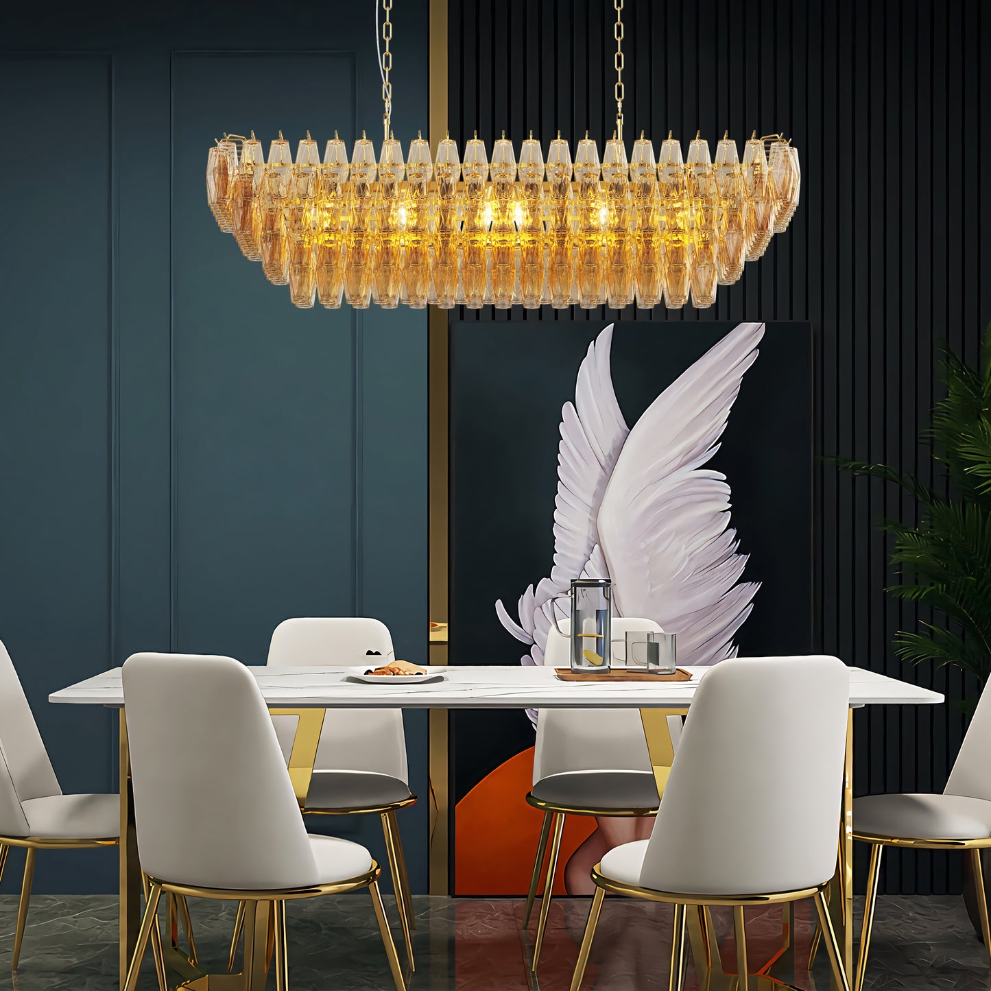 YANSUN 54in. Rectangle Gold Modern Chandelier 12-Light Smoke Glass Pendant for Dining Room Kitchen Island Living Room Bedroom