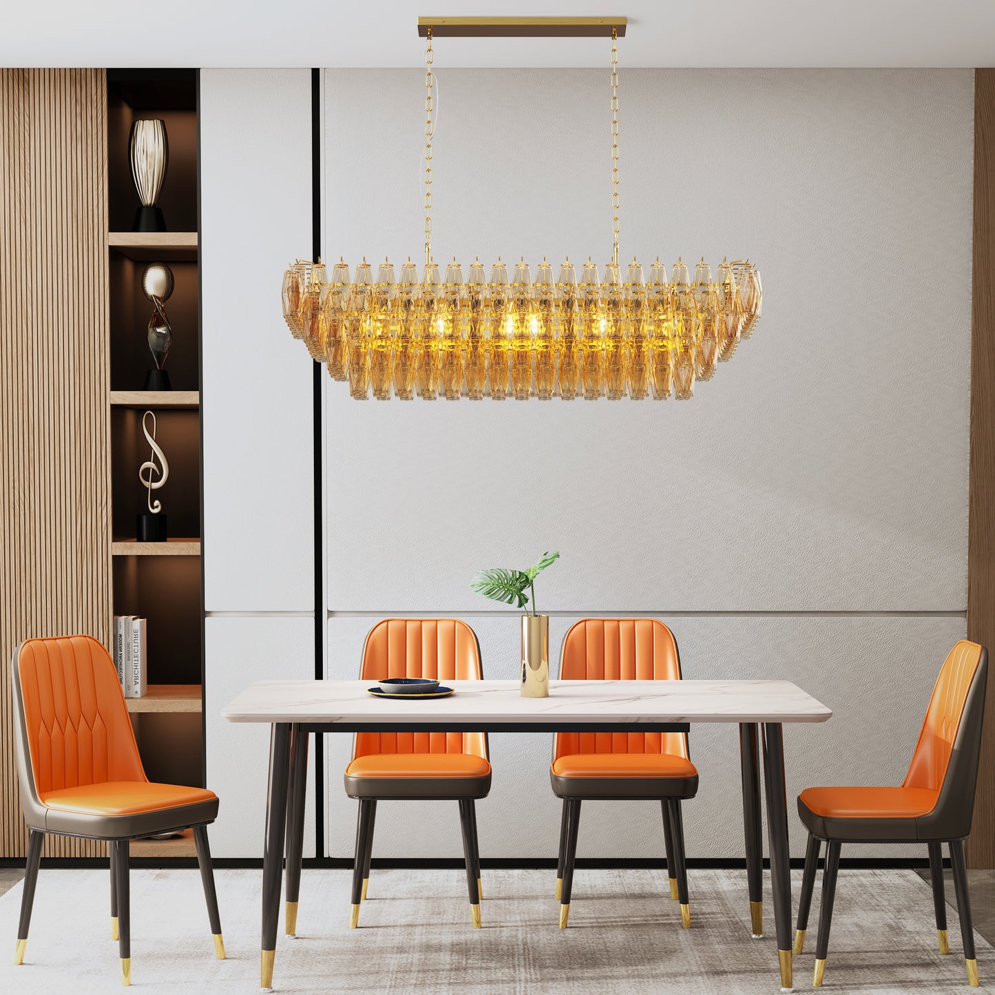 YANSUN 54in. Rectangle Gold Modern Chandelier 12-Light Smoke Glass Pendant for Dining Room Kitchen Island Living Room Bedroom