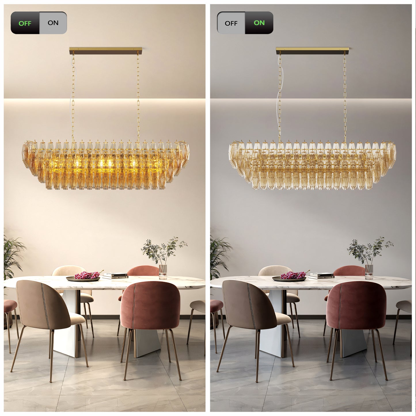 YANSUN 54in. Rectangle Gold Modern Chandelier 12-Light Smoke Glass Pendant for Dining Room Kitchen Island Living Room Bedroom