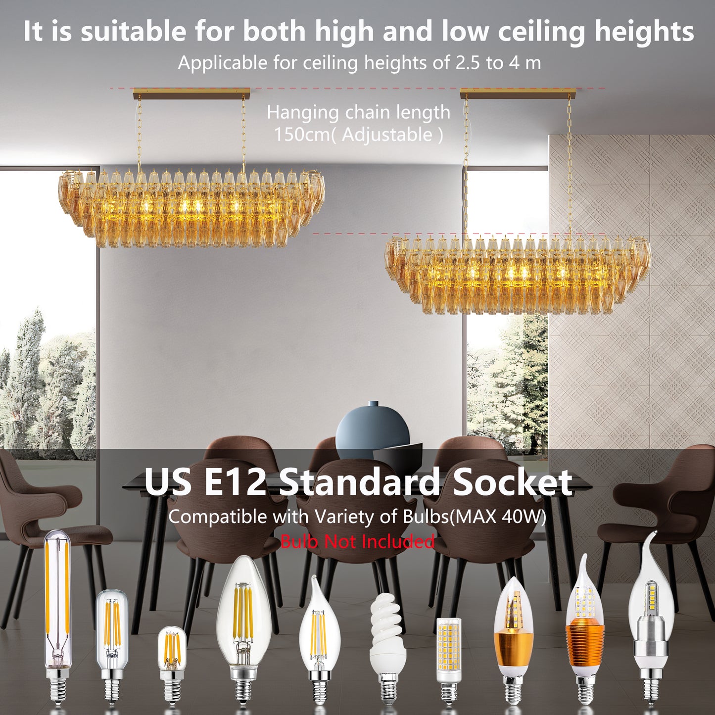 YANSUN 54in. Rectangle Gold Modern Chandelier 12-Light Smoke Glass Pendant for Dining Room Kitchen Island Living Room Bedroom