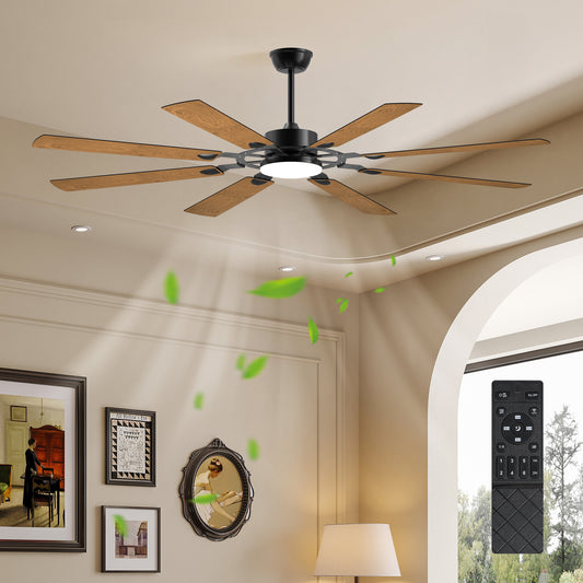 YANSUN72-Inch 8-Blade Large Ceiling Fan,Reversible Quiet DC Motor,Indoor/Outdoor Modern Ceiling Fan,Suitable for Kitchen,Living Room and Terrace,Black.