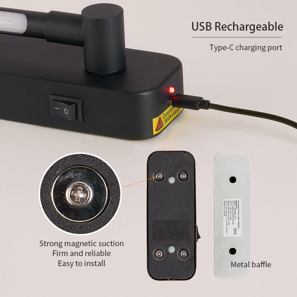YANSUN Wireless LED Picture Light with Remote Control Magnetic Clip-On Wall Light 3CCT Dimmable Black Art Lighting Fixture for Bedroom Gallery Decor