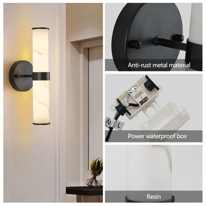 YANSUN 2-Pack Marble Texture Wall Light Black Iron Frame Indoor Wall Sconce Elegant Fixture for Hallway Bathroom Bedroom Lighting