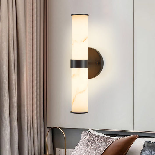 YANSUN 2-Pack Marble Texture Wall Light Black Iron Frame Indoor Wall Sconce Elegant Fixture for Hallway Bathroom Bedroom Lighting