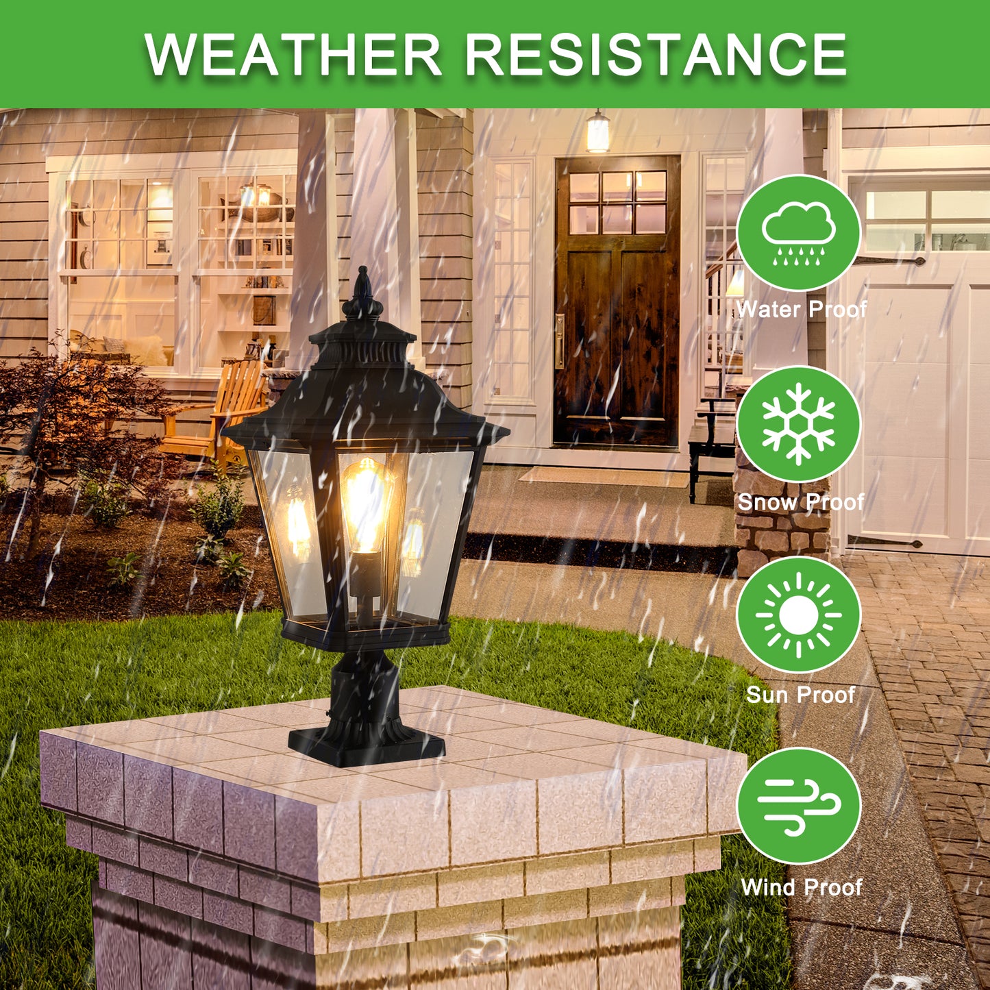 YANSUN 21in Outdoor Post Lantern Vintage Black Metal Clear Glass Pillar Light Garden Gate Driveway Pathway Lighting Fixture Elegant Design