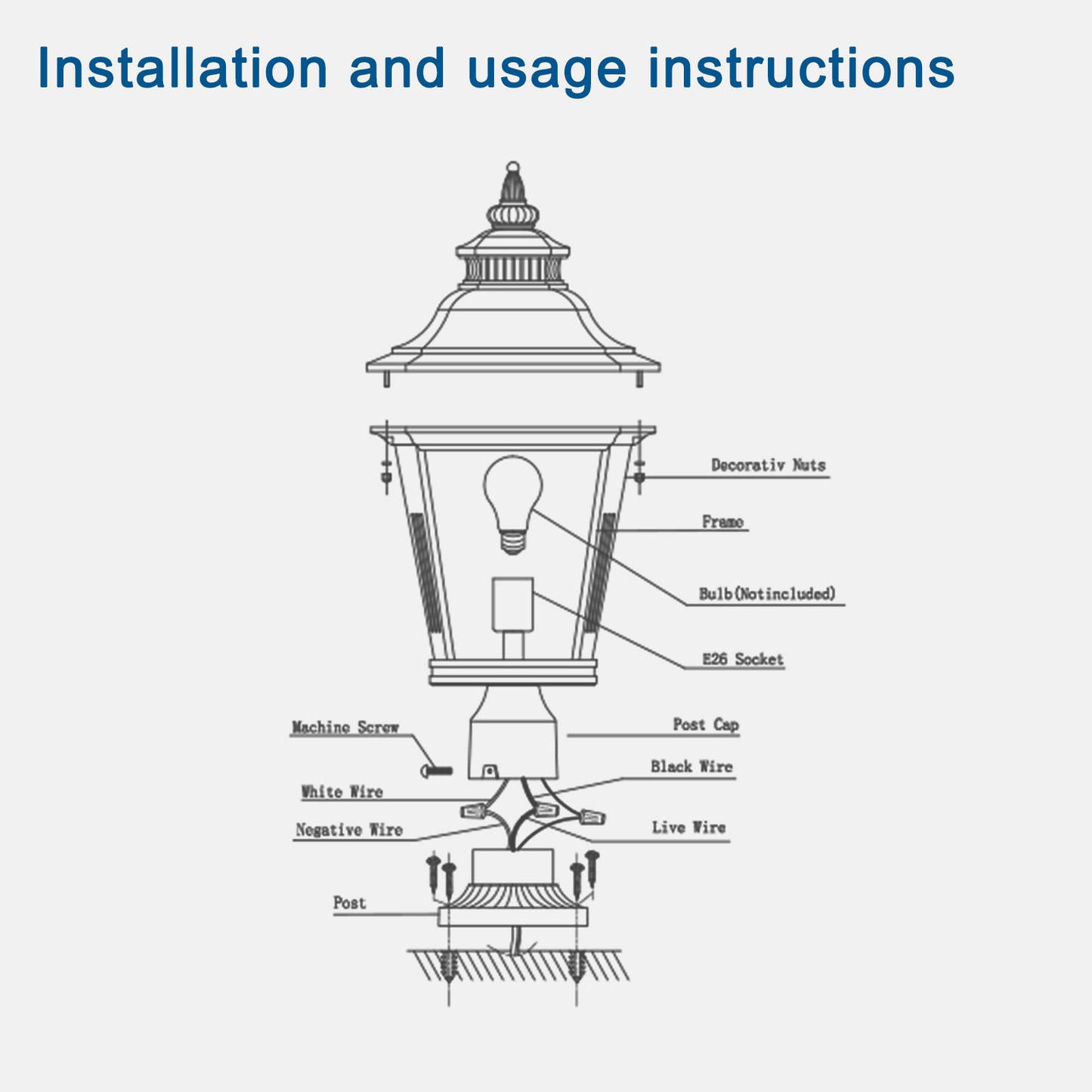 YANSUN 21in Outdoor Post Lantern Vintage Black Metal Clear Glass Pillar Light Garden Gate Driveway Pathway Lighting Fixture Elegant Design