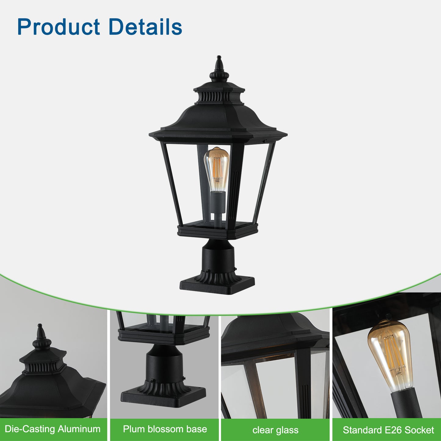 YANSUN 21in Outdoor Post Lantern Vintage Black Metal Clear Glass Pillar Light Garden Gate Driveway Pathway Lighting Fixture Elegant Design