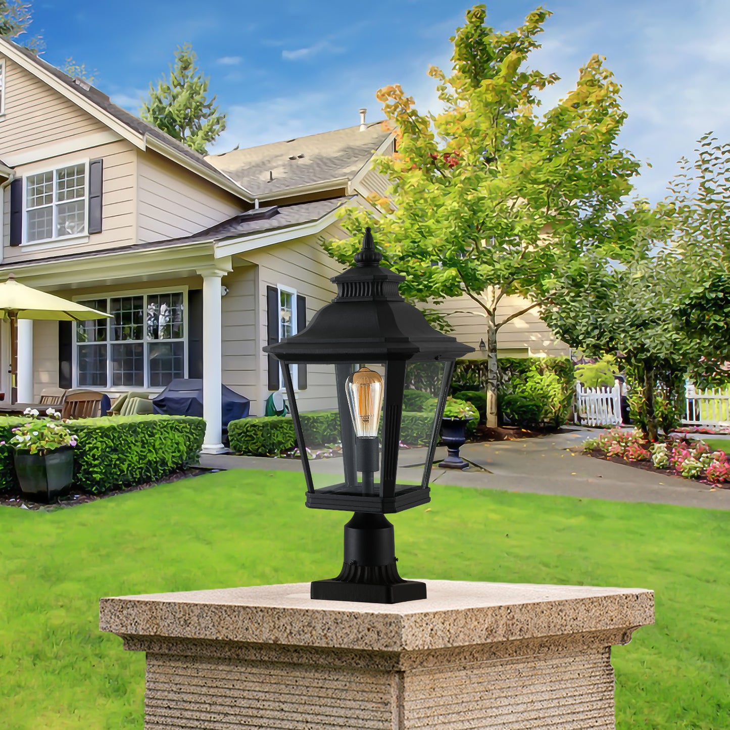 YANSUN 21in Outdoor Post Lantern Vintage Black Metal Clear Glass Pillar Light Garden Gate Driveway Pathway Lighting Fixture Elegant Design