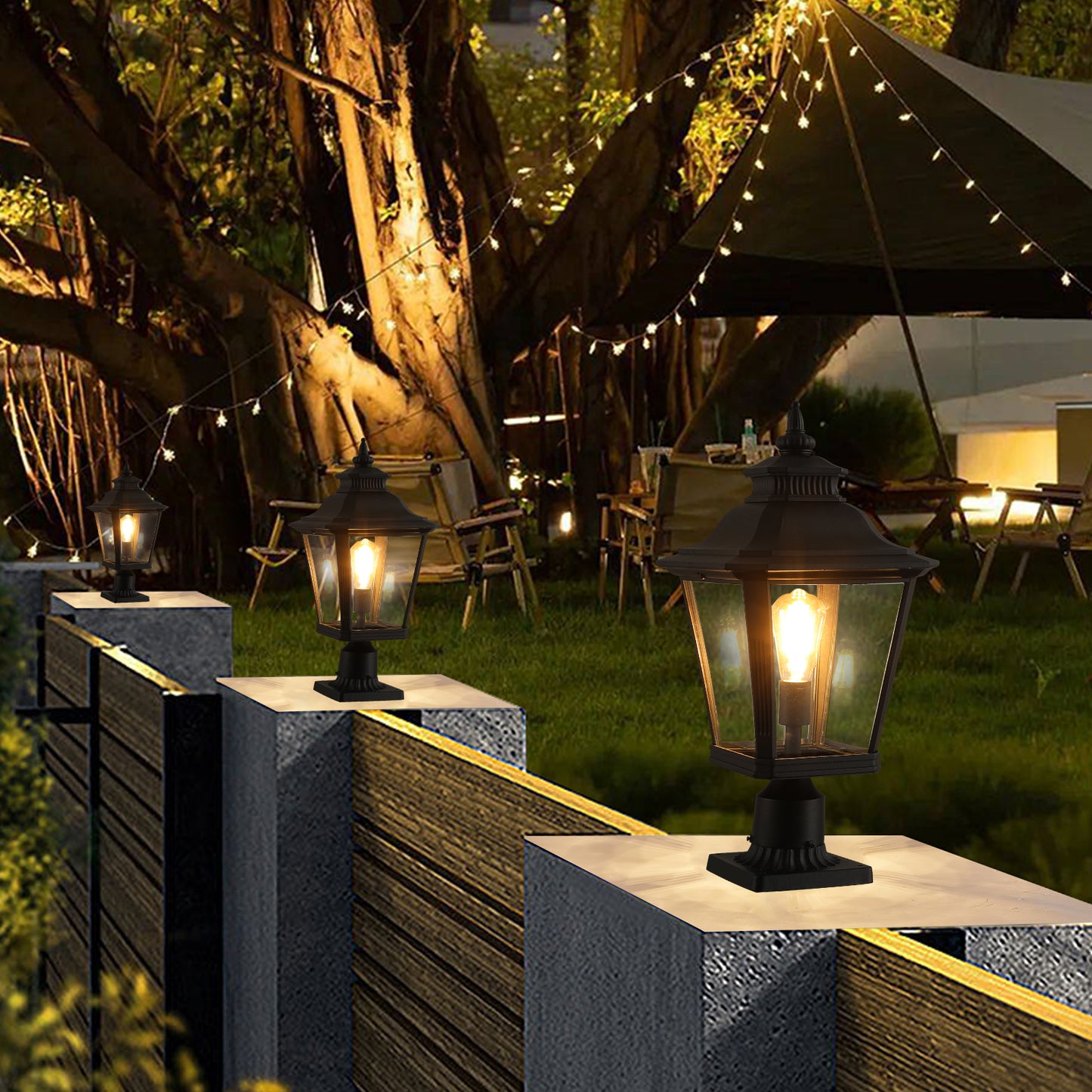 YANSUN 21in Outdoor Post Lantern Vintage Black Metal Clear Glass Pillar Light Garden Gate Driveway Pathway Lighting Fixture Elegant Design