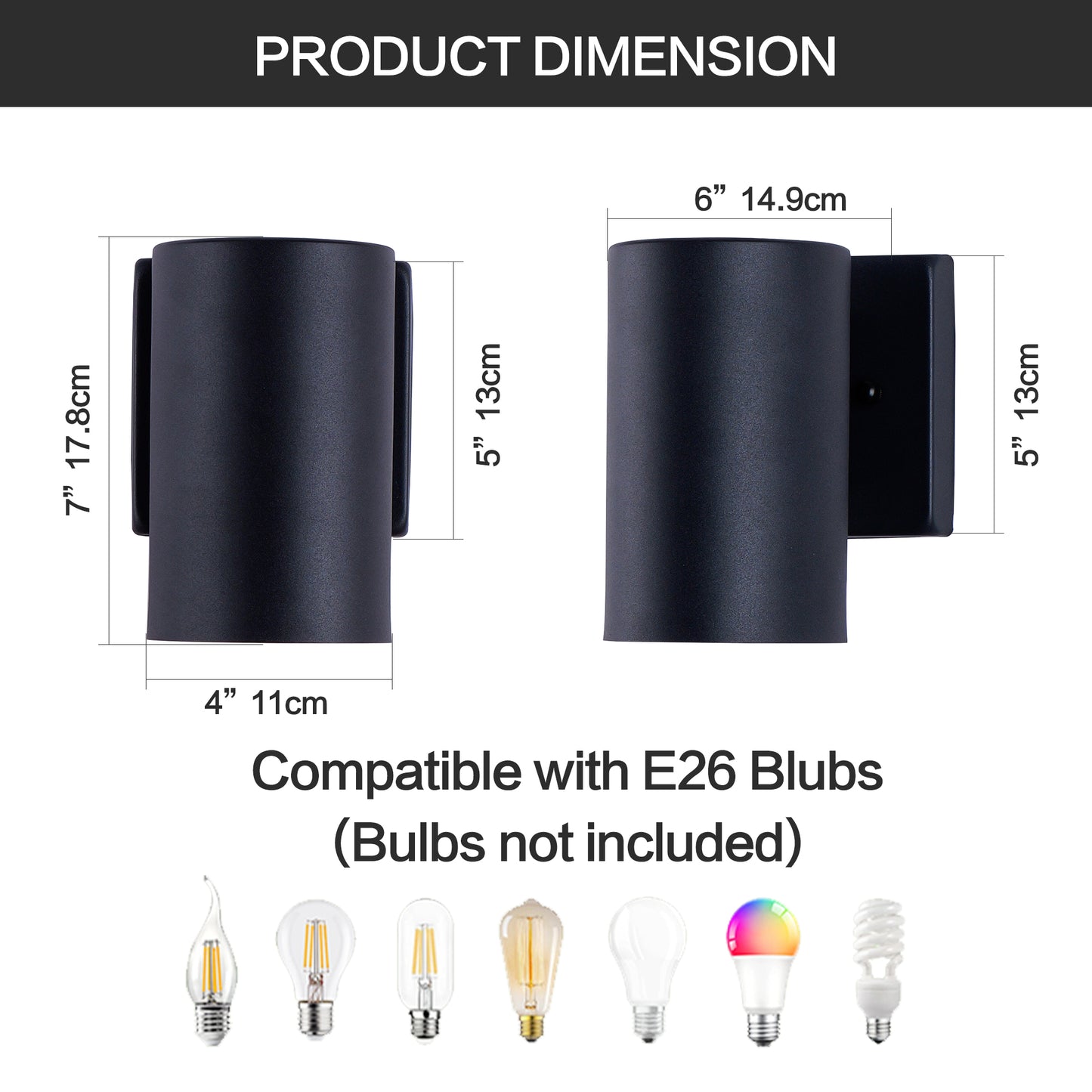 YANSUN 2-Pack 7in Outdoor Wall Sconce Black Cylinder Exterior Wall Light 1-Light Modern Waterproof Fixture for Porch Patio Entryway