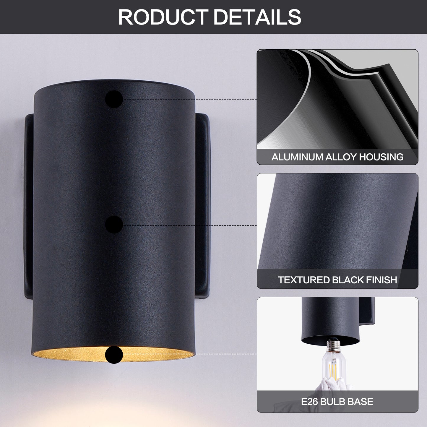 YANSUN 2-Pack 7in Outdoor Wall Sconce Black Cylinder Exterior Wall Light 1-Light Modern Waterproof Fixture for Porch Patio Entryway