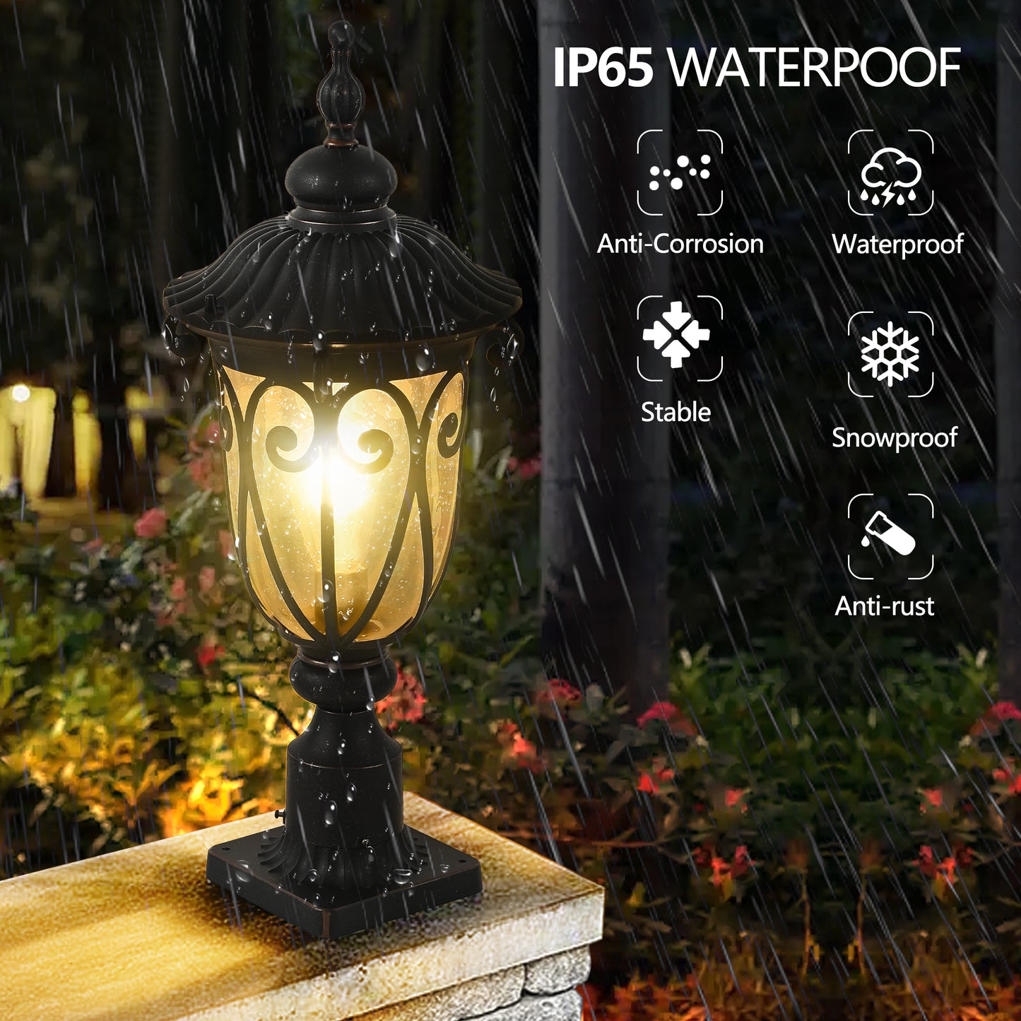 YANSUN 24in Vintage Black Outdoor Post Lantern Waterproof Aluminum Garden Pathway Light with Bubble Glass Yard Patio Driveway Lighting Fixture