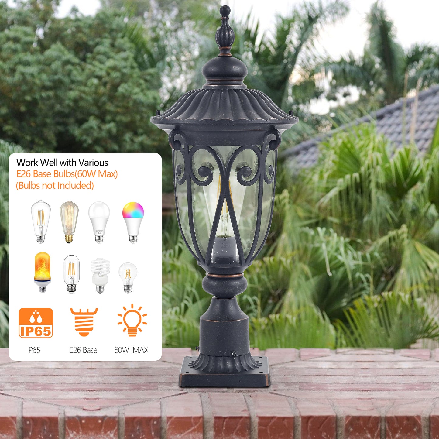 YANSUN 24in Vintage Black Outdoor Post Lantern Waterproof Aluminum Garden Pathway Light with Bubble Glass Yard Patio Driveway Lighting Fixture
