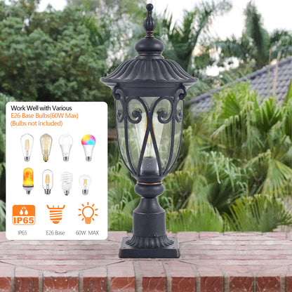 YANSUN 24in Vintage Black Outdoor Post Lantern Waterproof Aluminum Garden Pathway Light with Bubble Glass Yard Patio Driveway Lighting Fixture