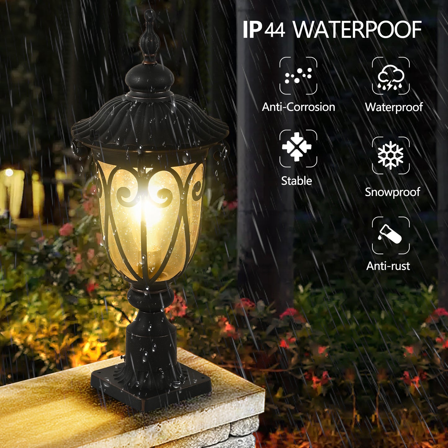 YANSUN 24in Vintage Black Outdoor Post Lantern Waterproof Aluminum Garden Pathway Light with Bubble Glass Yard Patio Driveway Lighting Fixture