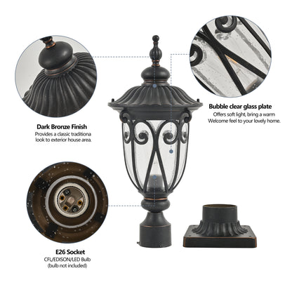 YANSUN 24in Vintage Black Outdoor Post Lantern Waterproof Aluminum Garden Pathway Light with Bubble Glass Yard Patio Driveway Lighting Fixture