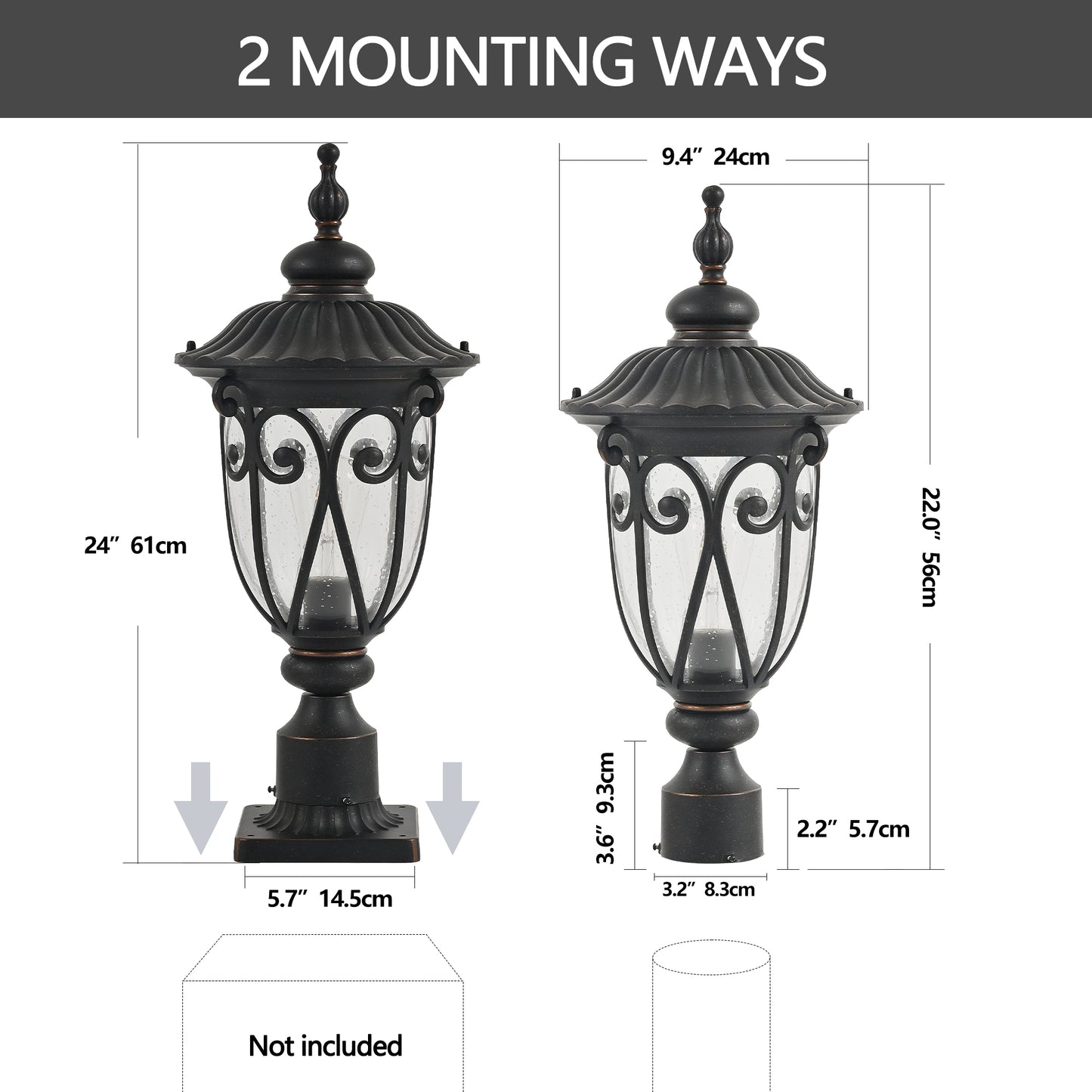 YANSUN 24in Vintage Black Outdoor Post Lantern Waterproof Aluminum Garden Pathway Light with Bubble Glass Yard Patio Driveway Lighting Fixture