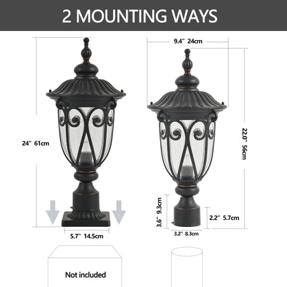 YANSUN 24in Vintage Black Outdoor Post Lantern Waterproof Aluminum Garden Pathway Light with Bubble Glass Yard Patio Driveway Lighting Fixture