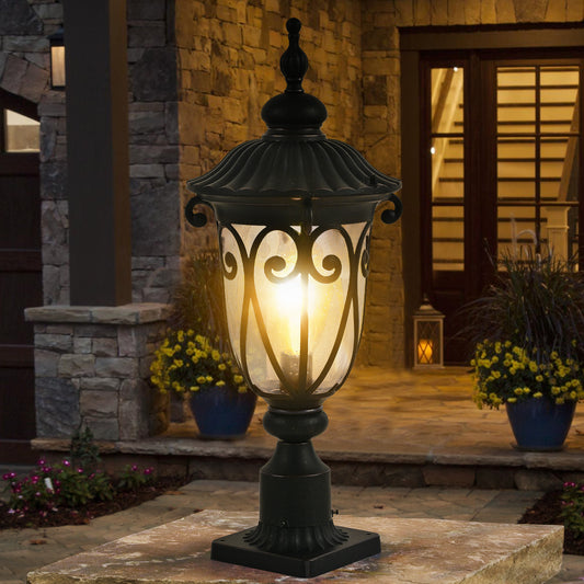 YANSUN 24in Vintage Black Outdoor Post Lantern Waterproof Aluminum Garden Pathway Light with Bubble Glass Yard Patio Driveway Lighting Fixture