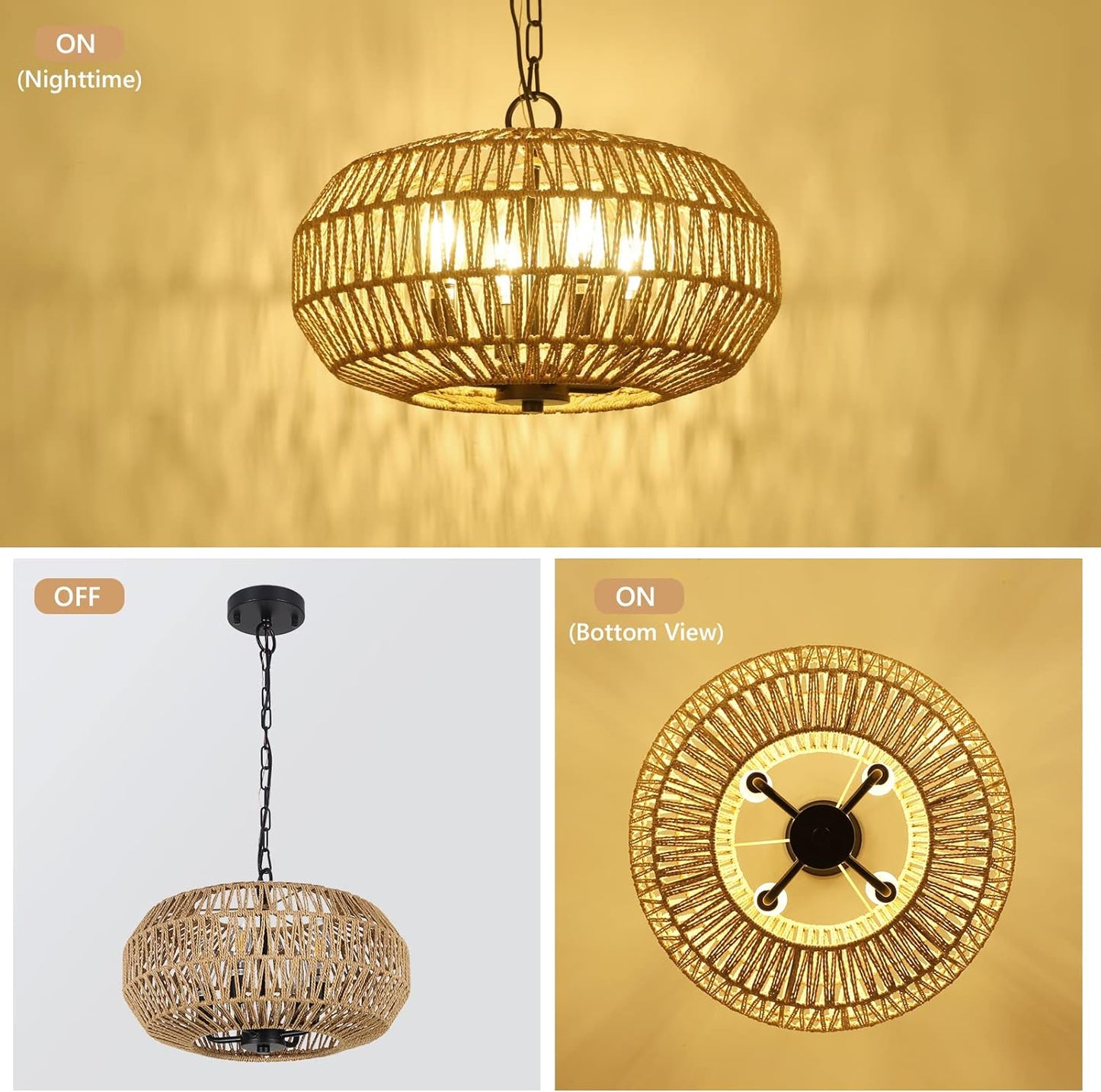 YANSUN 4-Light Farmhouse Boho Rattan Pendant Light Adjustable Height Ceiling Fixture for Dining Room Kitchen Island Living Room Bedroom Foyer