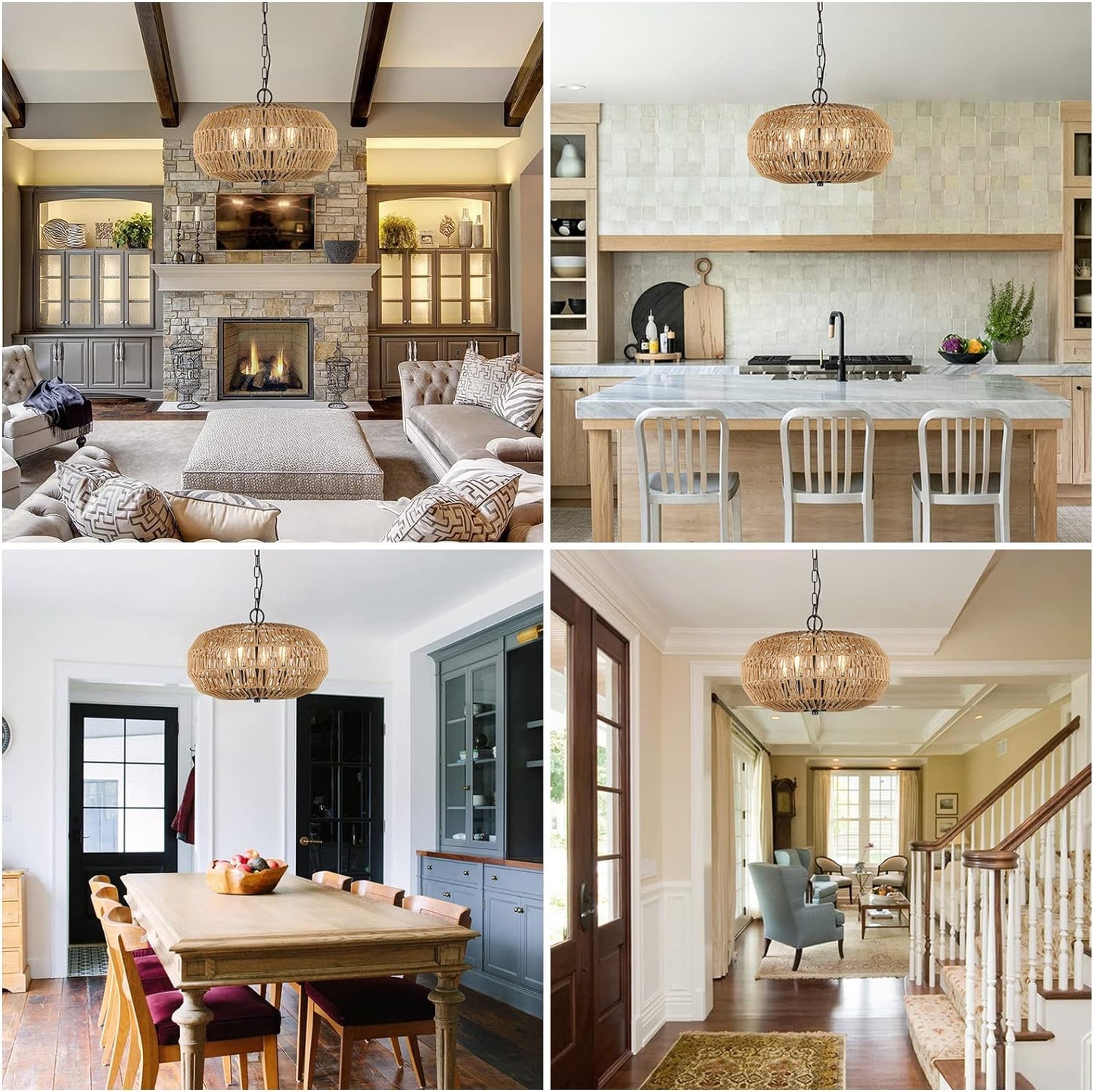 YANSUN 4-Light Farmhouse Boho Rattan Pendant Light Adjustable Height Ceiling Fixture for Dining Room Kitchen Island Living Room Bedroom Foyer