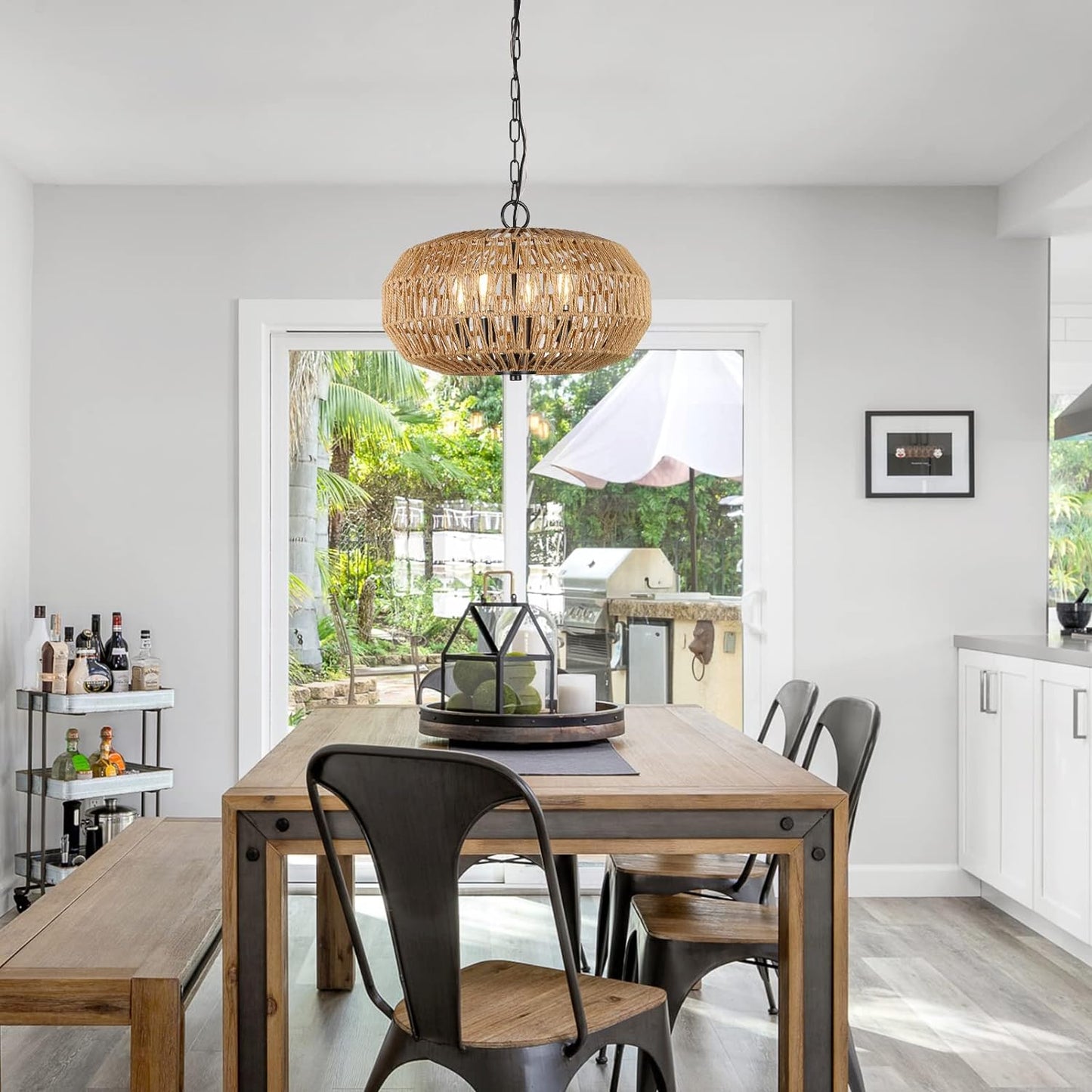 YANSUN 4-Light Farmhouse Boho Rattan Pendant Light Adjustable Height Ceiling Fixture for Dining Room Kitchen Island Living Room Bedroom Foyer