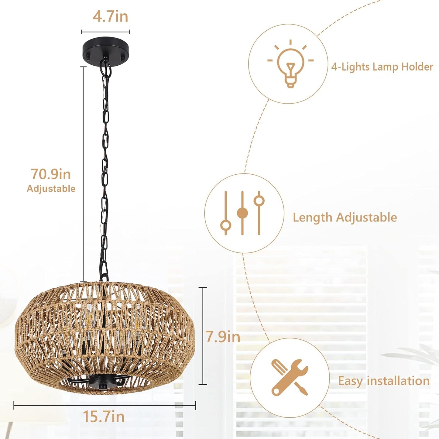 YANSUN 4-Light Farmhouse Boho Rattan Pendant Light Adjustable Height Ceiling Fixture for Dining Room Kitchen Island Living Room Bedroom Foyer