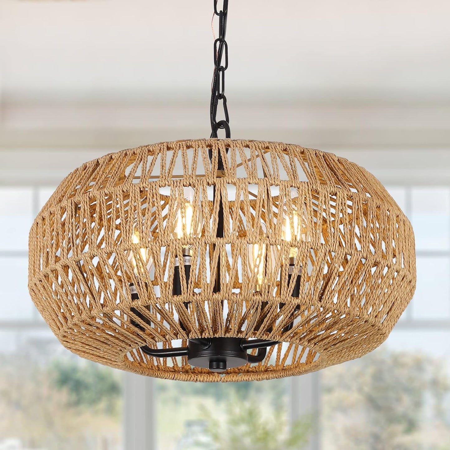 YANSUN 4-Light Farmhouse Boho Rattan Pendant Light Adjustable Height Ceiling Fixture for Dining Room Kitchen Island Living Room Bedroom Foyer