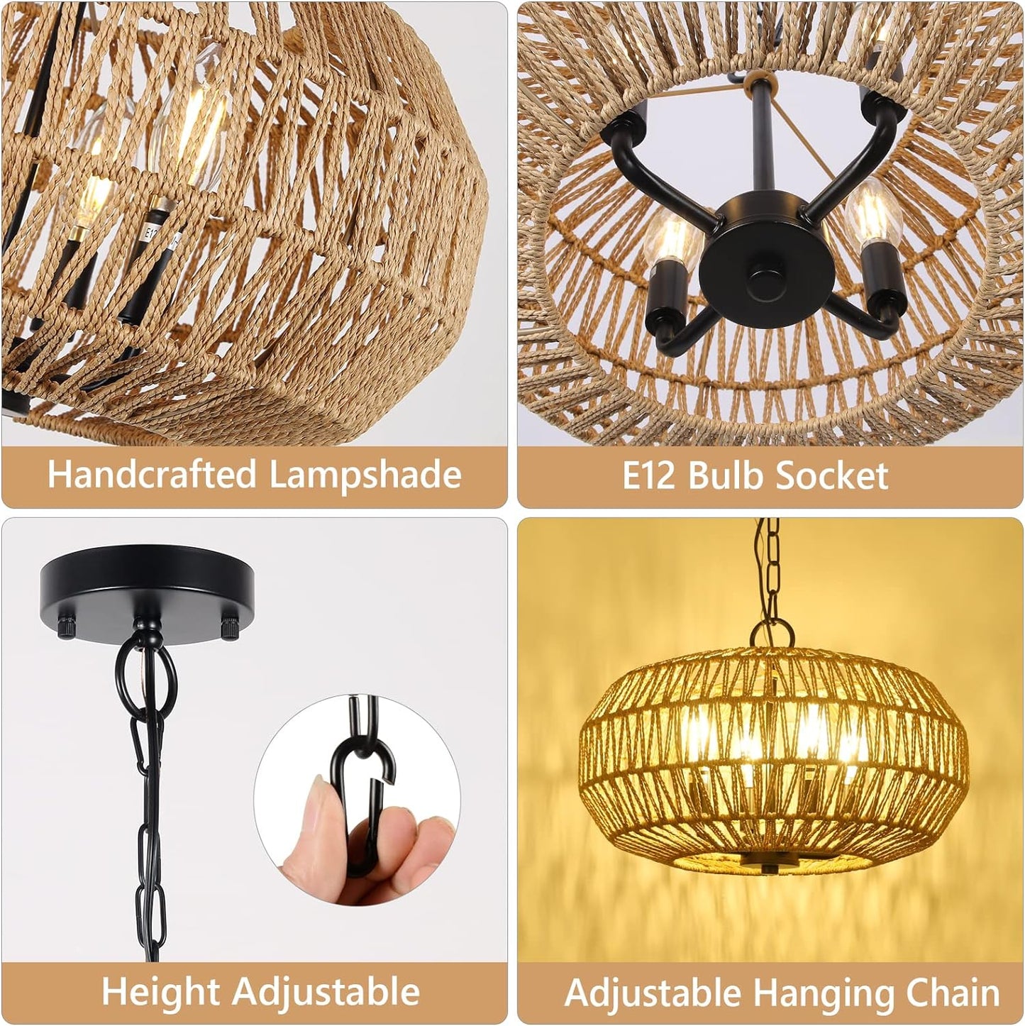 YANSUN 4-Light Farmhouse Boho Rattan Pendant Light Adjustable Height Ceiling Fixture for Dining Room Kitchen Island Living Room Bedroom Foyer