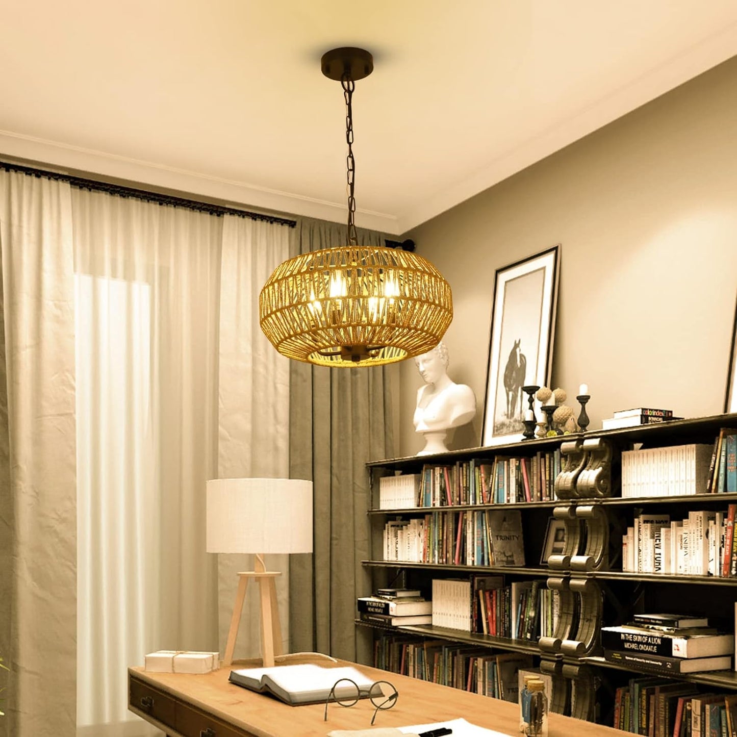 YANSUN 4-Light Farmhouse Boho Rattan Pendant Light Adjustable Height Ceiling Fixture for Dining Room Kitchen Island Living Room Bedroom Foyer