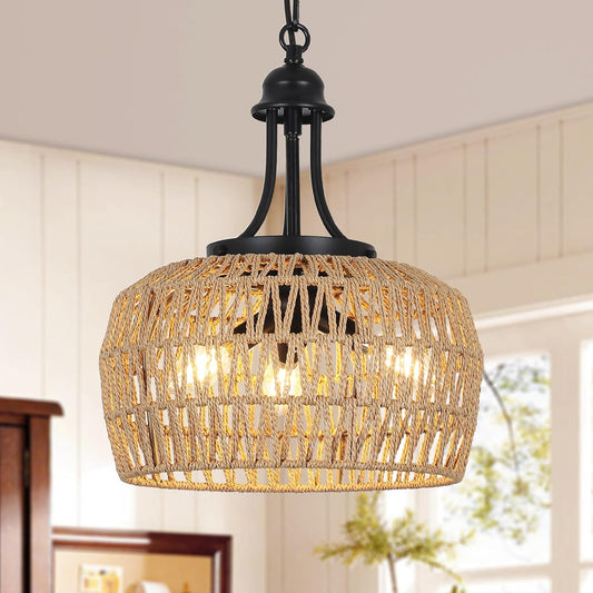 YANSUN 3-Light Farmhouse Boho Rattan Chandelier Woven Wicker Coastal Pendant Light  for Dining Room Kitchen Bedroom Island Hallway