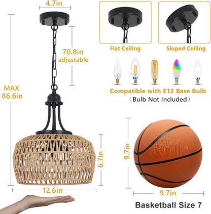 YANSUN 3-Light Farmhouse Boho Rattan Chandelier Woven Wicker Coastal Pendant Light  for Dining Room Kitchen Bedroom Island Hallway