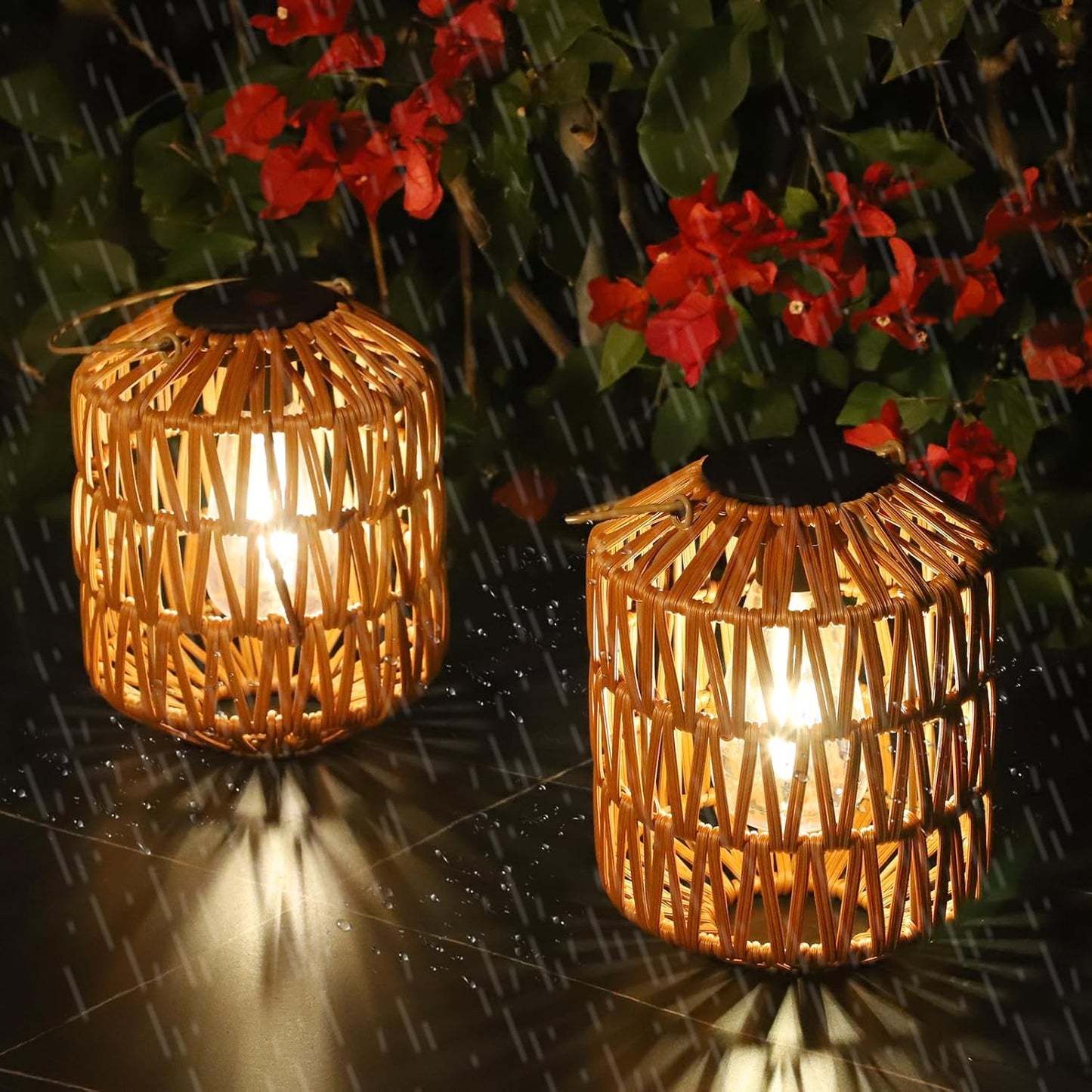 YANSUN 2-Pack Brown Outdoor Lanterns Waterproof Hanging Rattan LED Garden Lights Decorative Tabletop Lanterns for Patio Yard Porch Pathway