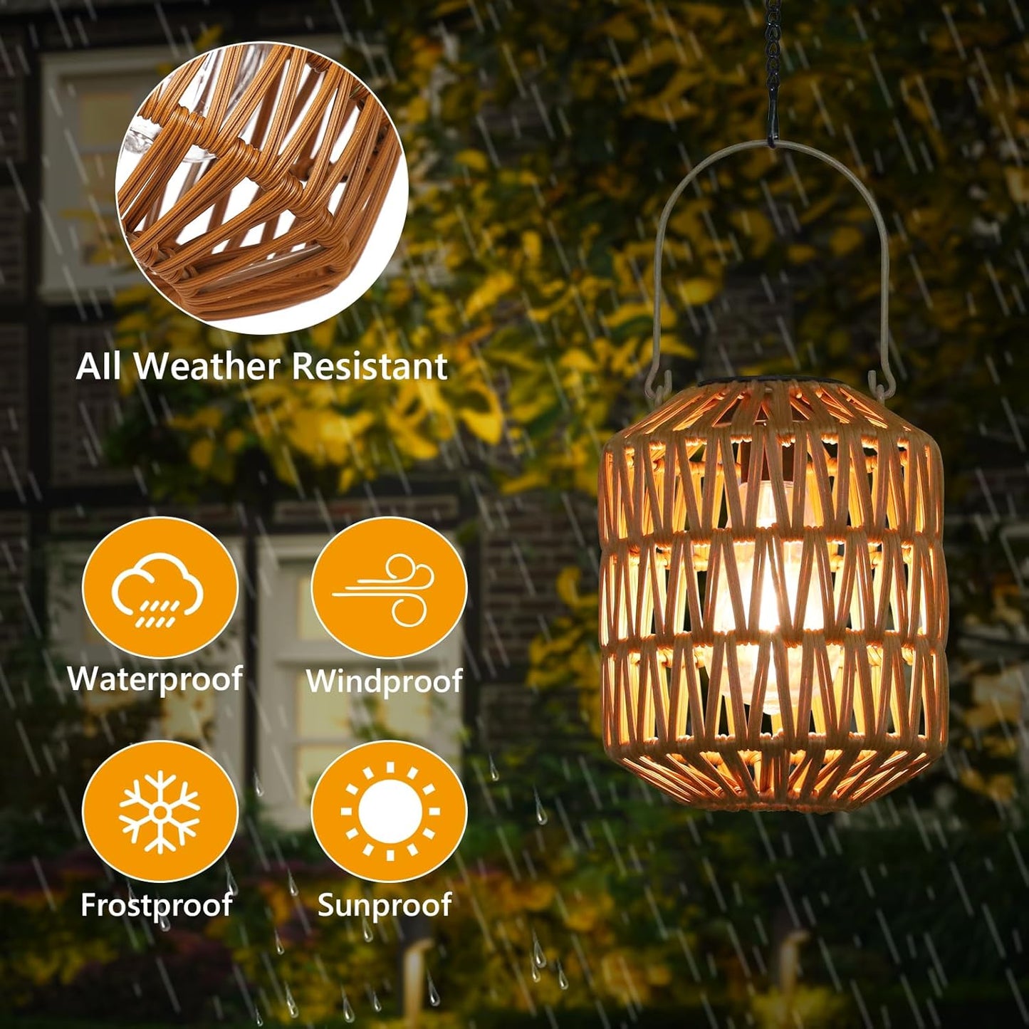 YANSUN 2-Pack Brown Outdoor Lanterns Waterproof Hanging Rattan LED Garden Lights Decorative Tabletop Lanterns for Patio Yard Porch Pathway