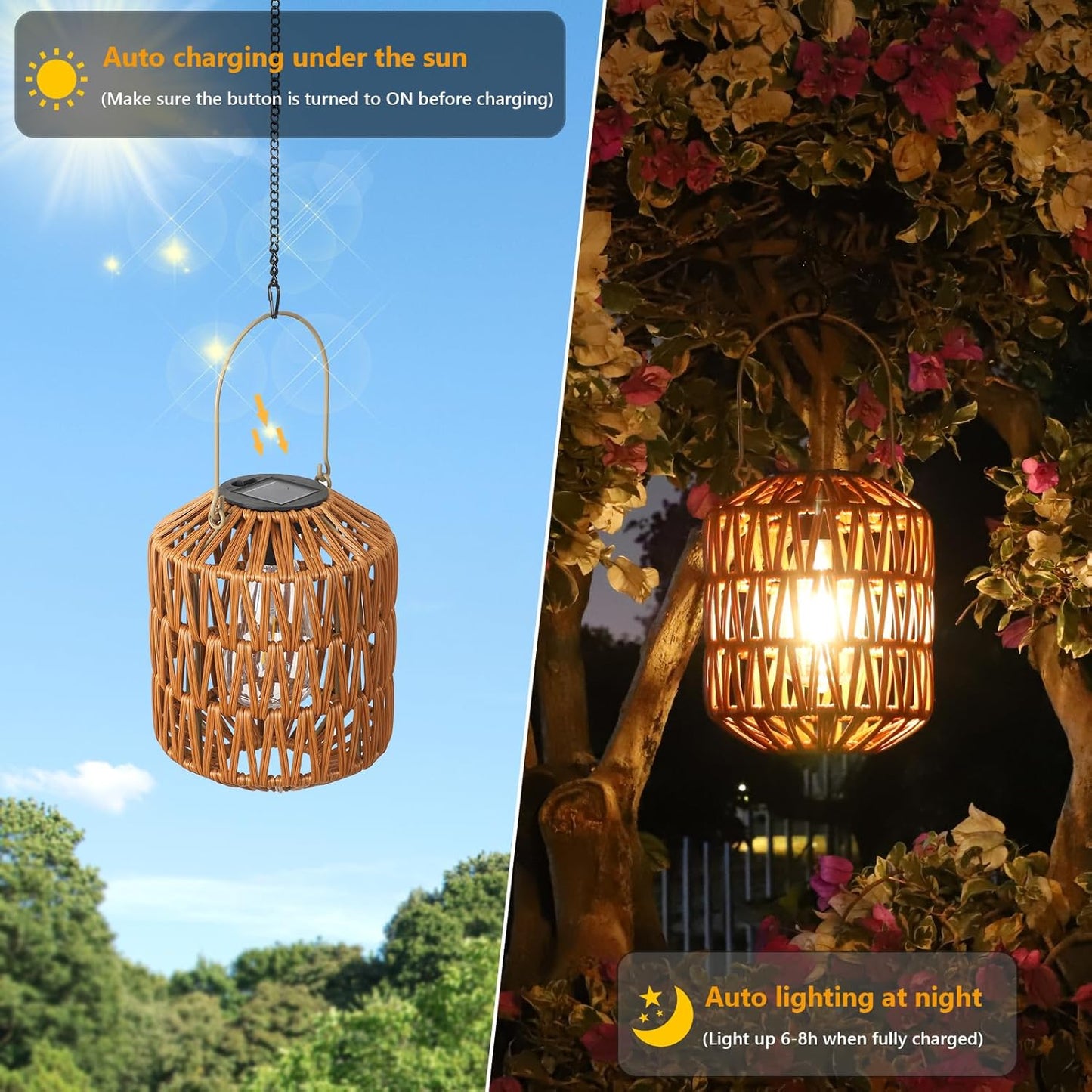 YANSUN 2-Pack Brown Outdoor Lanterns Waterproof Hanging Rattan LED Garden Lights Decorative Tabletop Lanterns for Patio Yard Porch Pathway