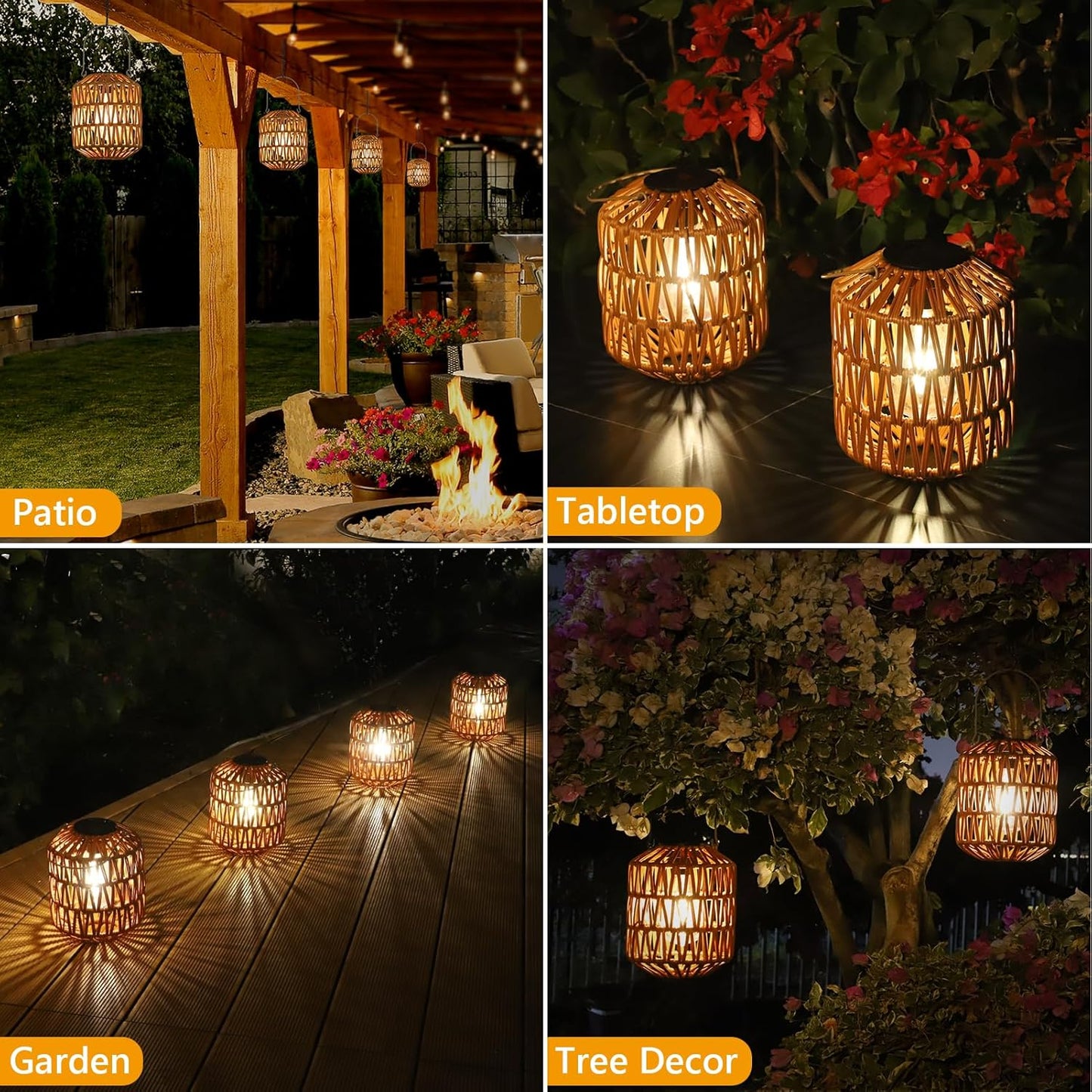 YANSUN 2-Pack Brown Outdoor Lanterns Waterproof Hanging Rattan LED Garden Lights Decorative Tabletop Lanterns for Patio Yard Porch Pathway