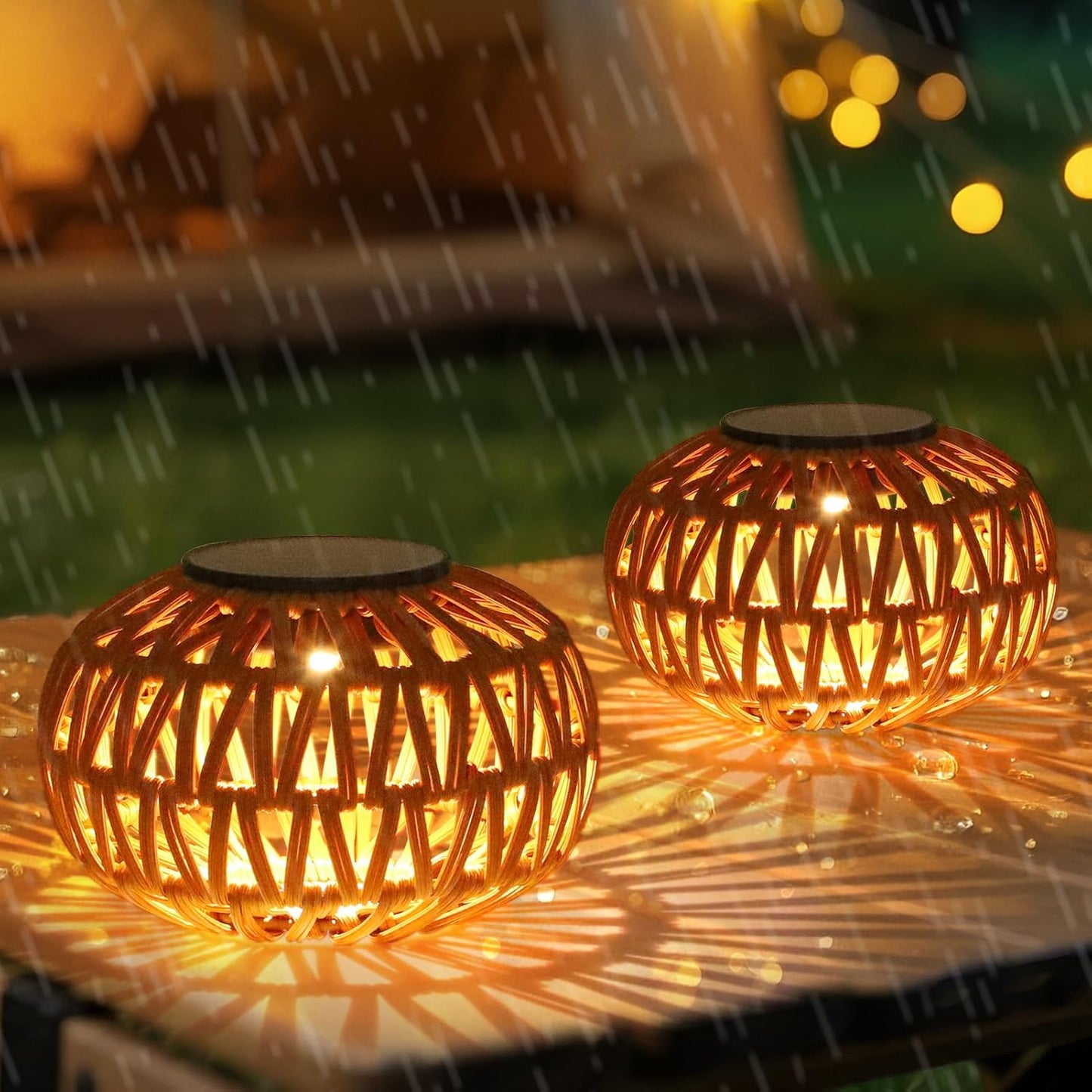 YANSUN 2-Pack Brown Solar Outdoor Lanterns Waterproof Rattan Tabletop Lights Decorative LED Garden Lanterns for Patio Yard Pathway Porch Steps