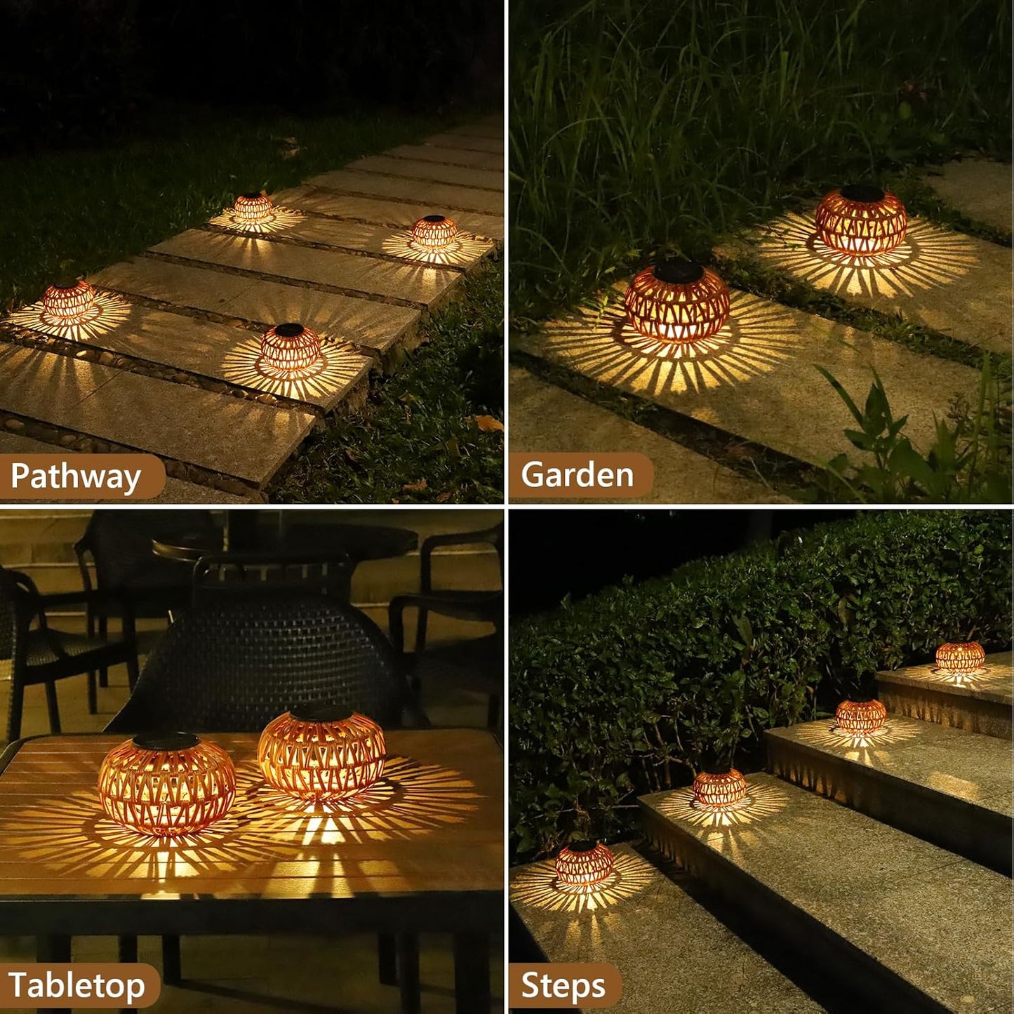 YANSUN 2-Pack Brown Solar Outdoor Lanterns Waterproof Rattan Tabletop Lights Decorative LED Garden Lanterns for Patio Yard Pathway Porch Steps