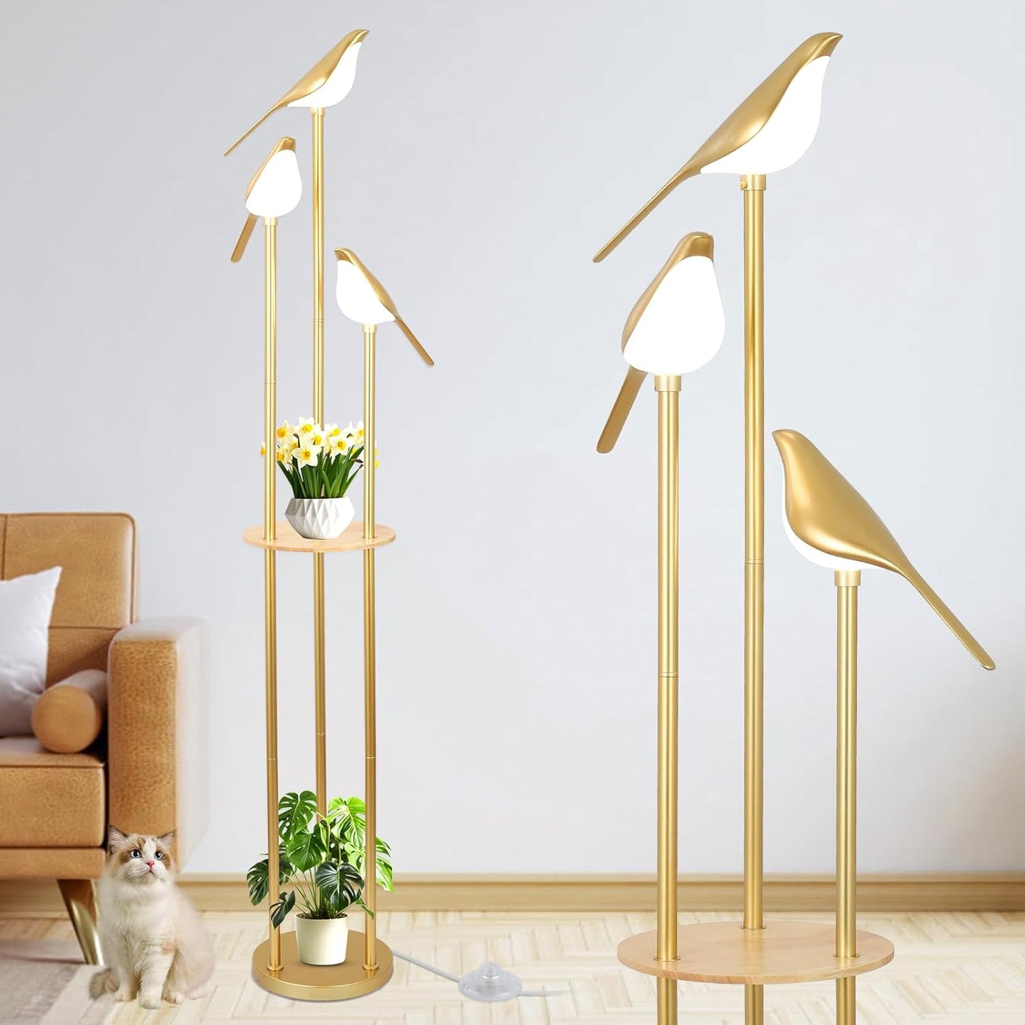 YANSUN65in Gold Bird Floor Lamp with Shelf 3-Light LED Standing Lamp Modern Decorative Tall Lamp for Living Room Bedroom Reading Corner