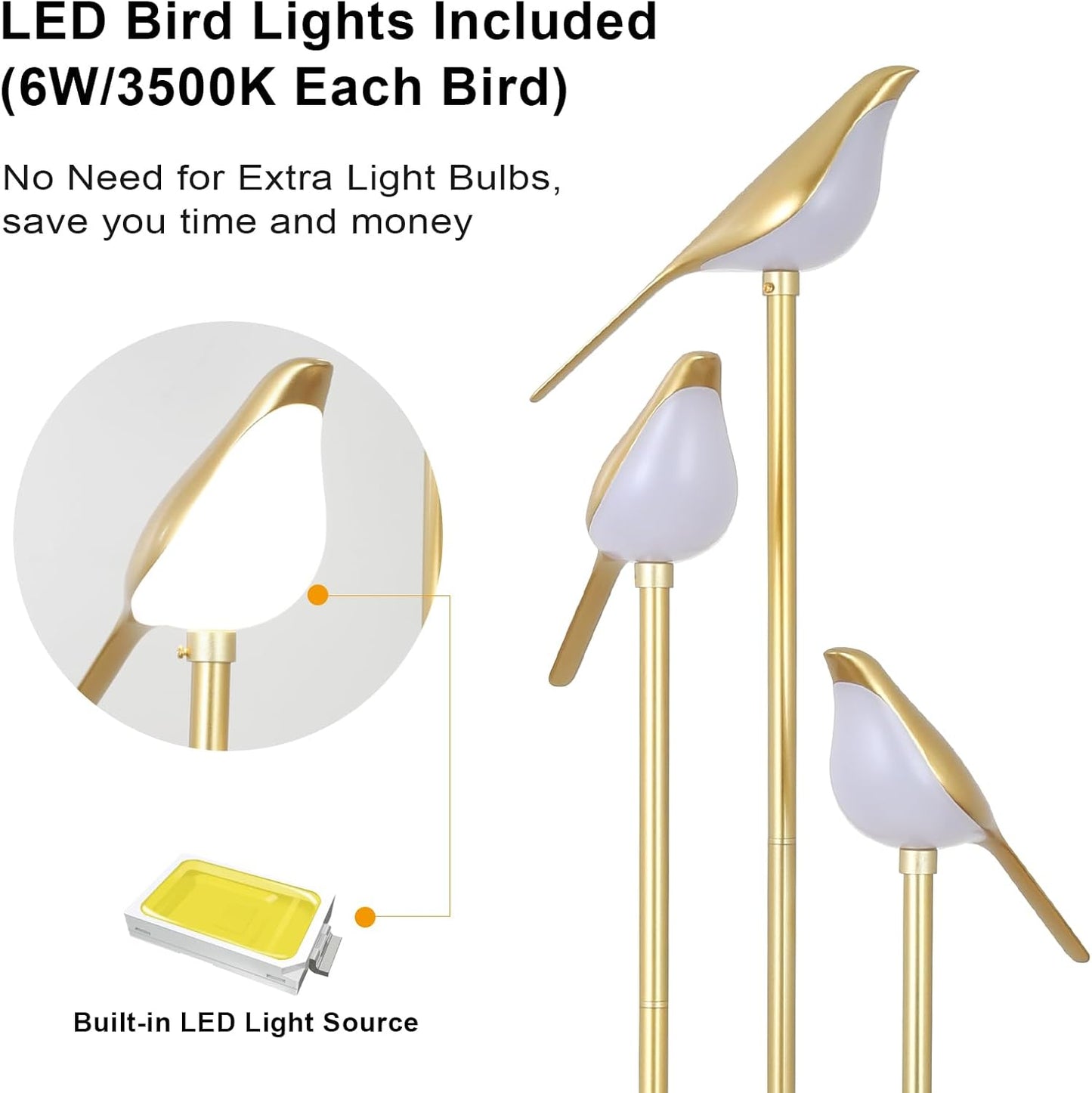 YANSUN65in Gold Bird Floor Lamp with Shelf 3-Light LED Standing Lamp Modern Decorative Tall Lamp for Living Room Bedroom Reading Corner