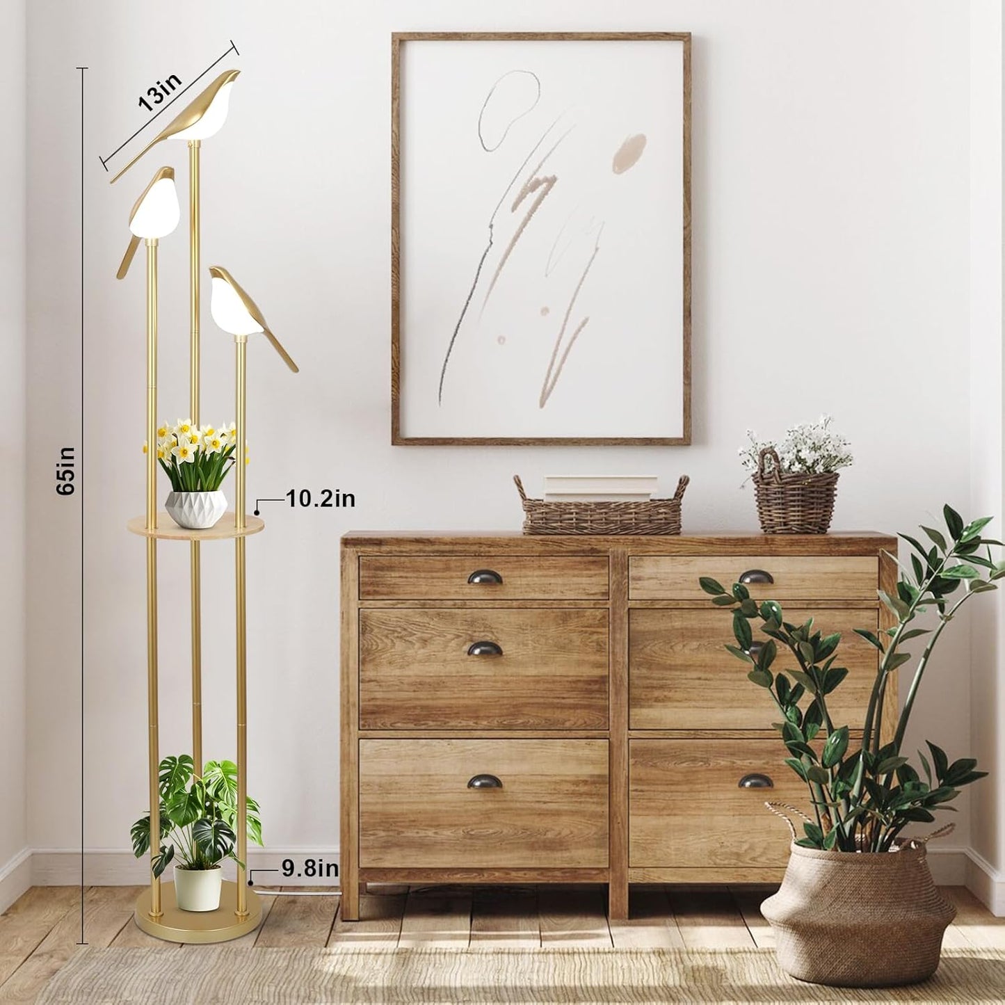 YANSUN65in Gold Bird Floor Lamp with Shelf 3-Light LED Standing Lamp Modern Decorative Tall Lamp for Living Room Bedroom Reading Corner