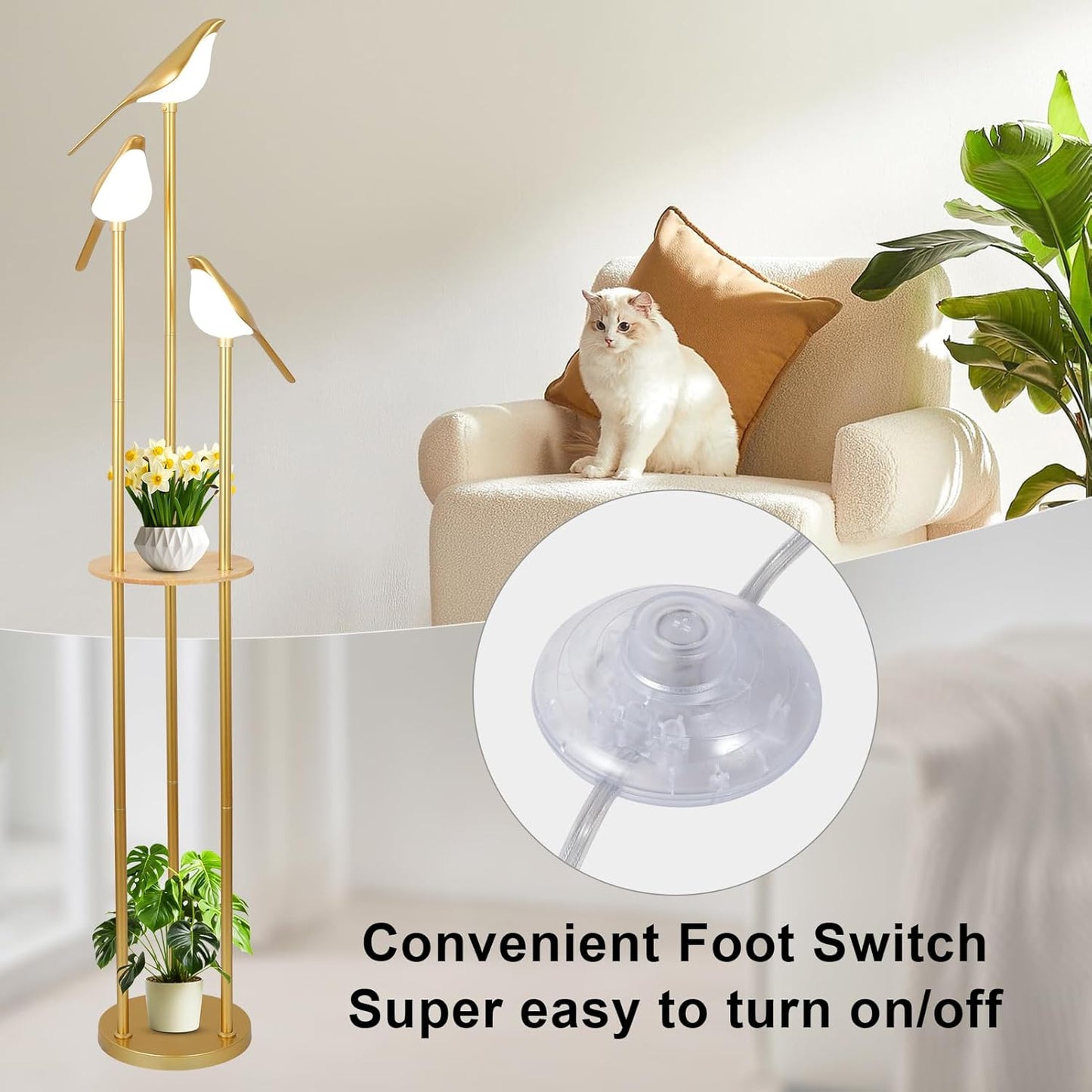 YANSUN65in Gold Bird Floor Lamp with Shelf 3-Light LED Standing Lamp Modern Decorative Tall Lamp for Living Room Bedroom Reading Corner