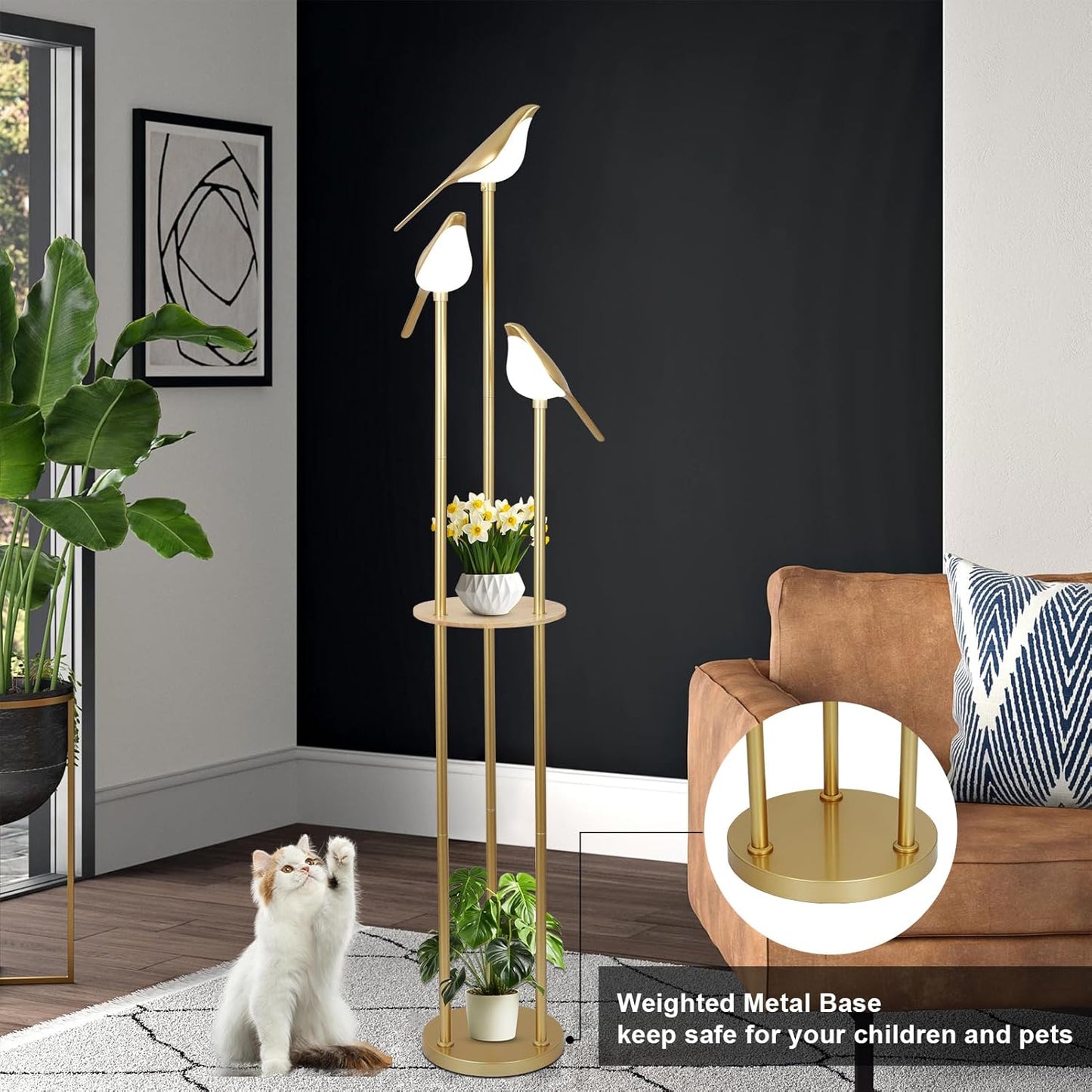 YANSUN65in Gold Bird Floor Lamp with Shelf 3-Light LED Standing Lamp Modern Decorative Tall Lamp for Living Room Bedroom Reading Corner