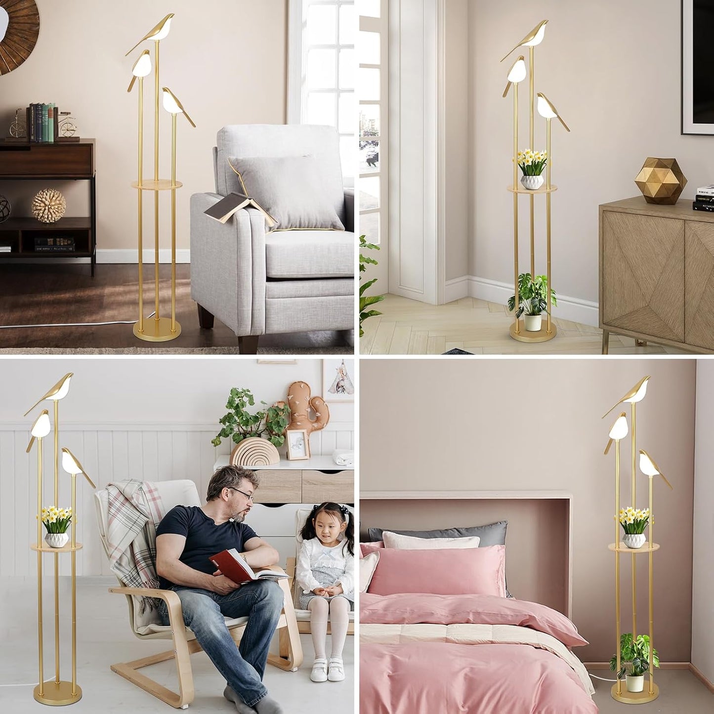 YANSUN65in Gold Bird Floor Lamp with Shelf 3-Light LED Standing Lamp Modern Decorative Tall Lamp for Living Room Bedroom Reading Corner