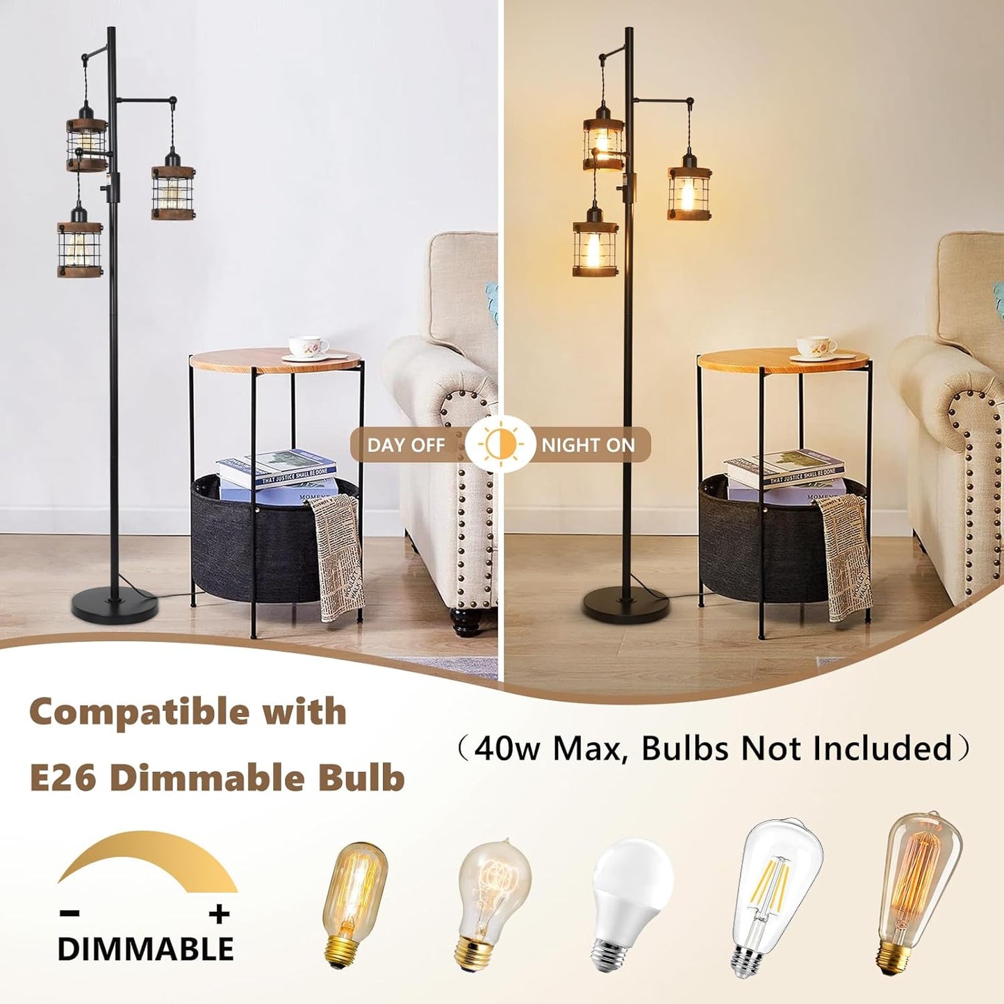 YANSUN 65in Dimmable Farmhouse Floor Lamp 3-Light Industrial Standing Lamp with Wood Accents Metal Cage Shades for Living Room Bedroom