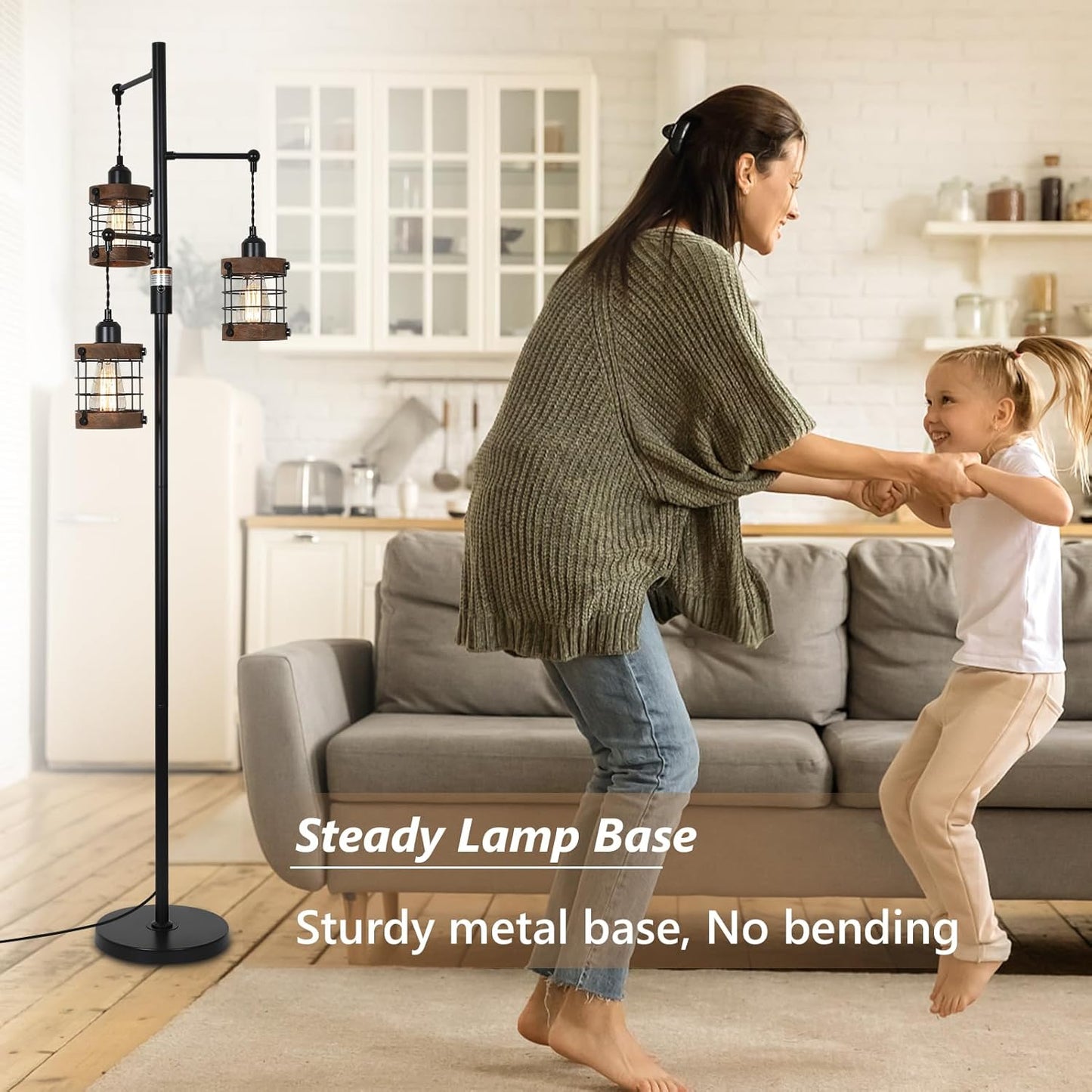YANSUN 65in Dimmable Farmhouse Floor Lamp 3-Light Industrial Standing Lamp with Wood Accents Metal Cage Shades for Living Room Bedroom