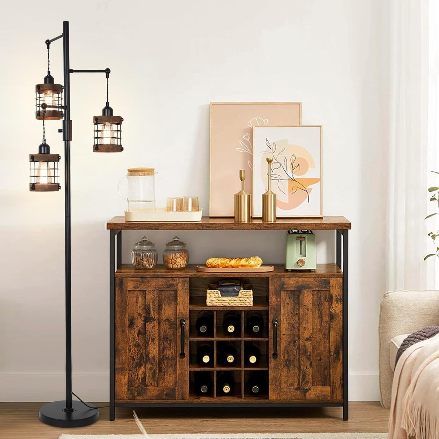 YANSUN 65in Dimmable Farmhouse Floor Lamp 3-Light Industrial Standing Lamp with Wood Accents Metal Cage Shades for Living Room Bedroom